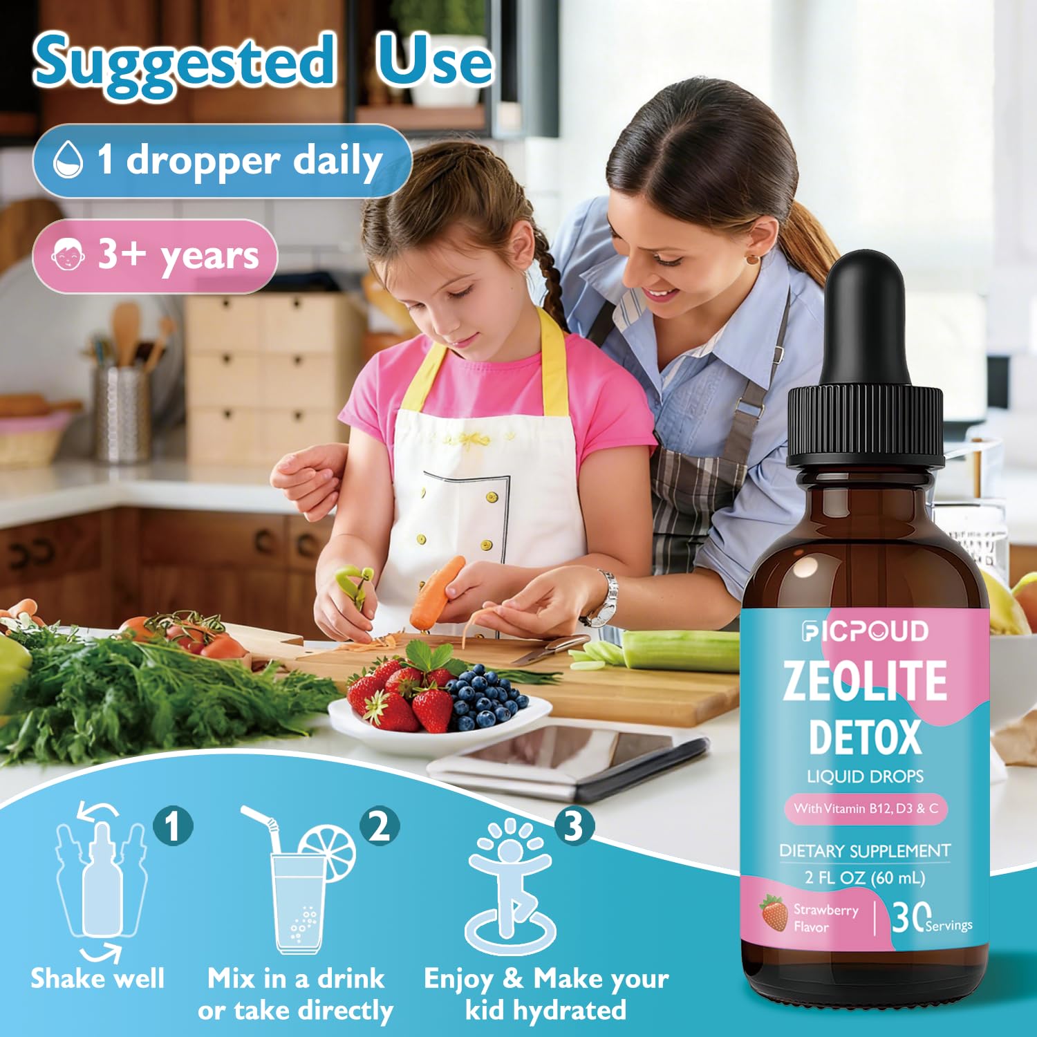 Ficpoud Zeolite Detox for Kids & Adults – Pure Zeolite clinoptilolite Liquid Drops with Vitamin B12, C & D3 – Gentle Daily Cleanse for Gut, Immune, Energy & Speech Support, Strawberry Flavor, 2 Fl Oz FicpoudAu supplements