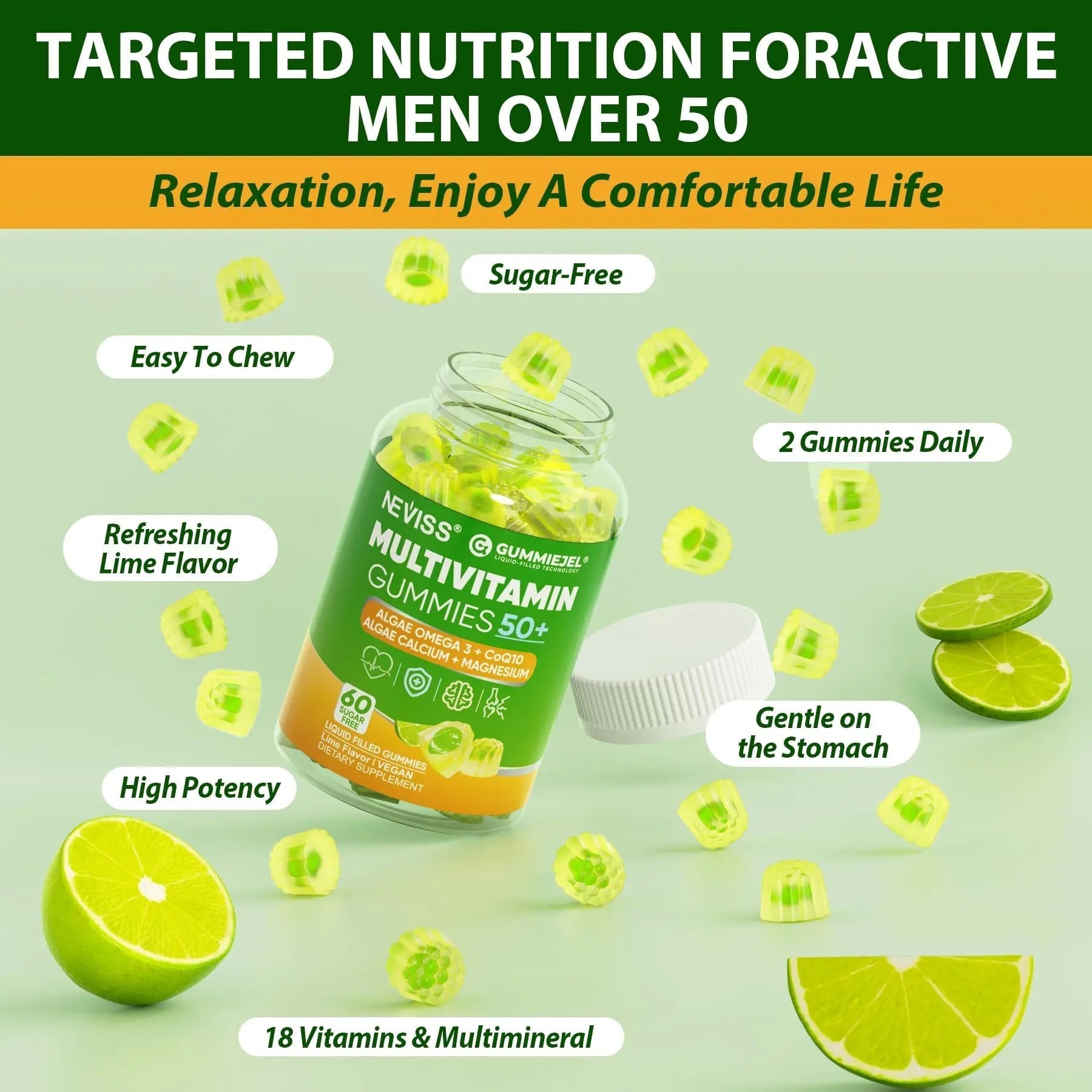 Multivitamin for Men 50 + Plus, Sugar Free Men Multivitamins Gummies w/Omega-3, Coq10, D3k2, Calcium, Magnesium NEVISSAu supplements