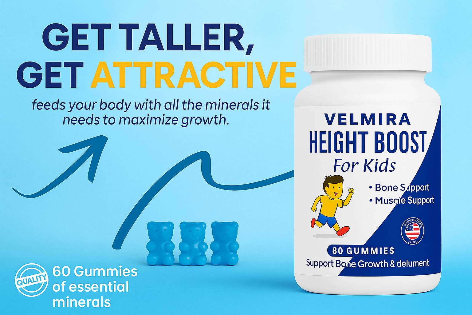 Velmira® Heightener Gummies for Bone Health & Development Support – Essential Vitamins & Minerals, Easy-to-Chew Gummies for Kids, Teens & Adults (Ages 5+) VelmiraAu supplements