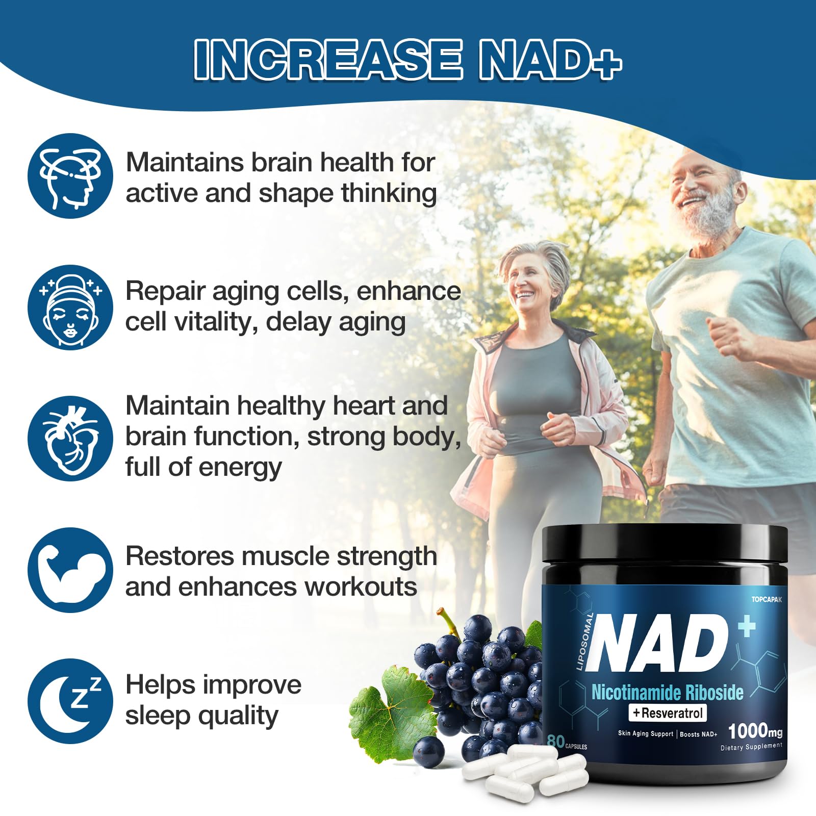 NAD+ Supplement 1000mg - Nicotinamide Riboside (NR) and Resveratrol, Liposomal NAD of Pure Organic Ingredients for Women & Men Healthy Aging, Brain and Cellular Energy, 80 Capsules TOPCAPAKAu supplements