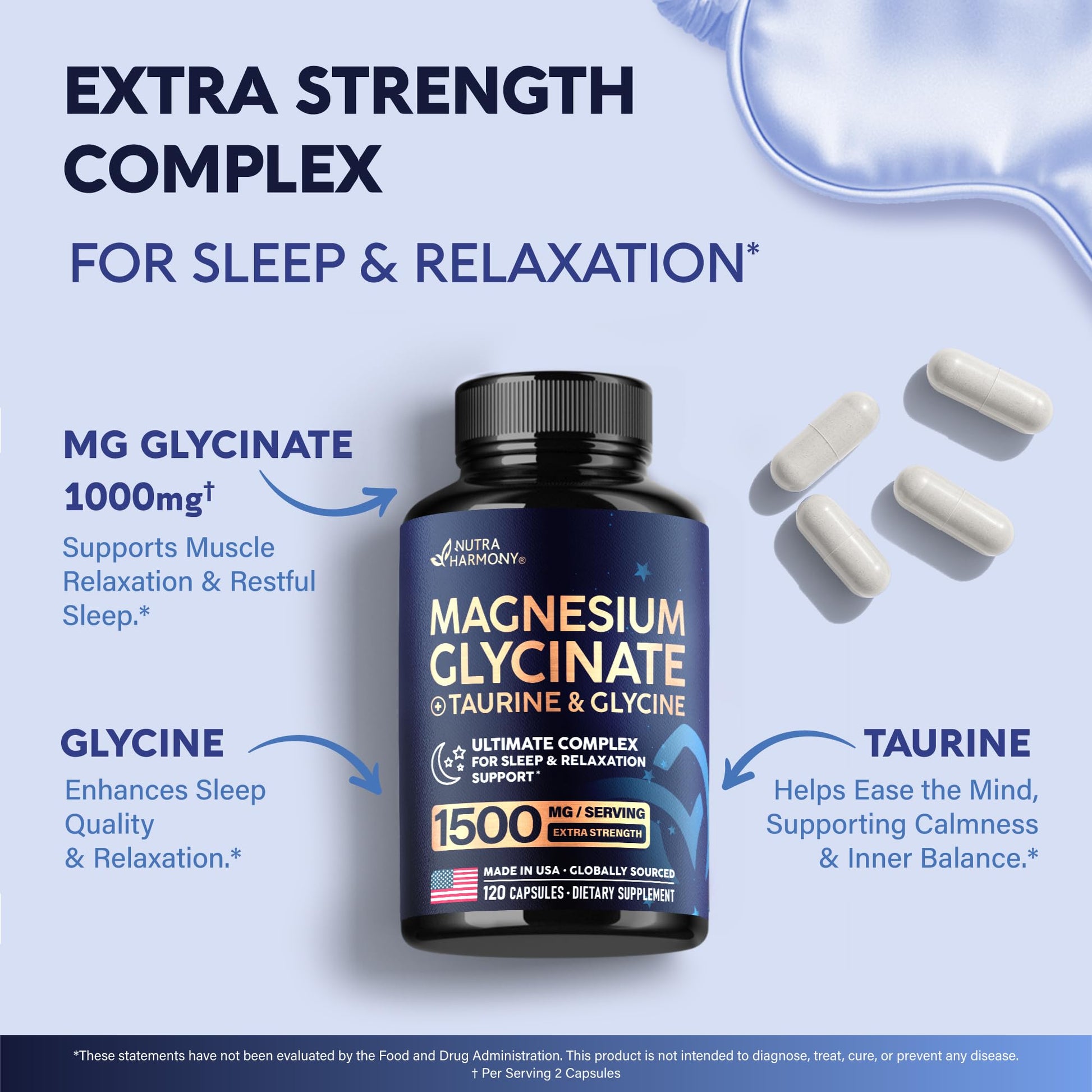 Magnesium Glycinate - Sleep & Relaxation Support - Extra Strength Glycinate, Glycine & Taurine 1500 mg - Magnesium Supplement for Women & Men - Chelated & High Absorption - Made in USA - 120 Capsules NUTRAHARMONYAu supplements