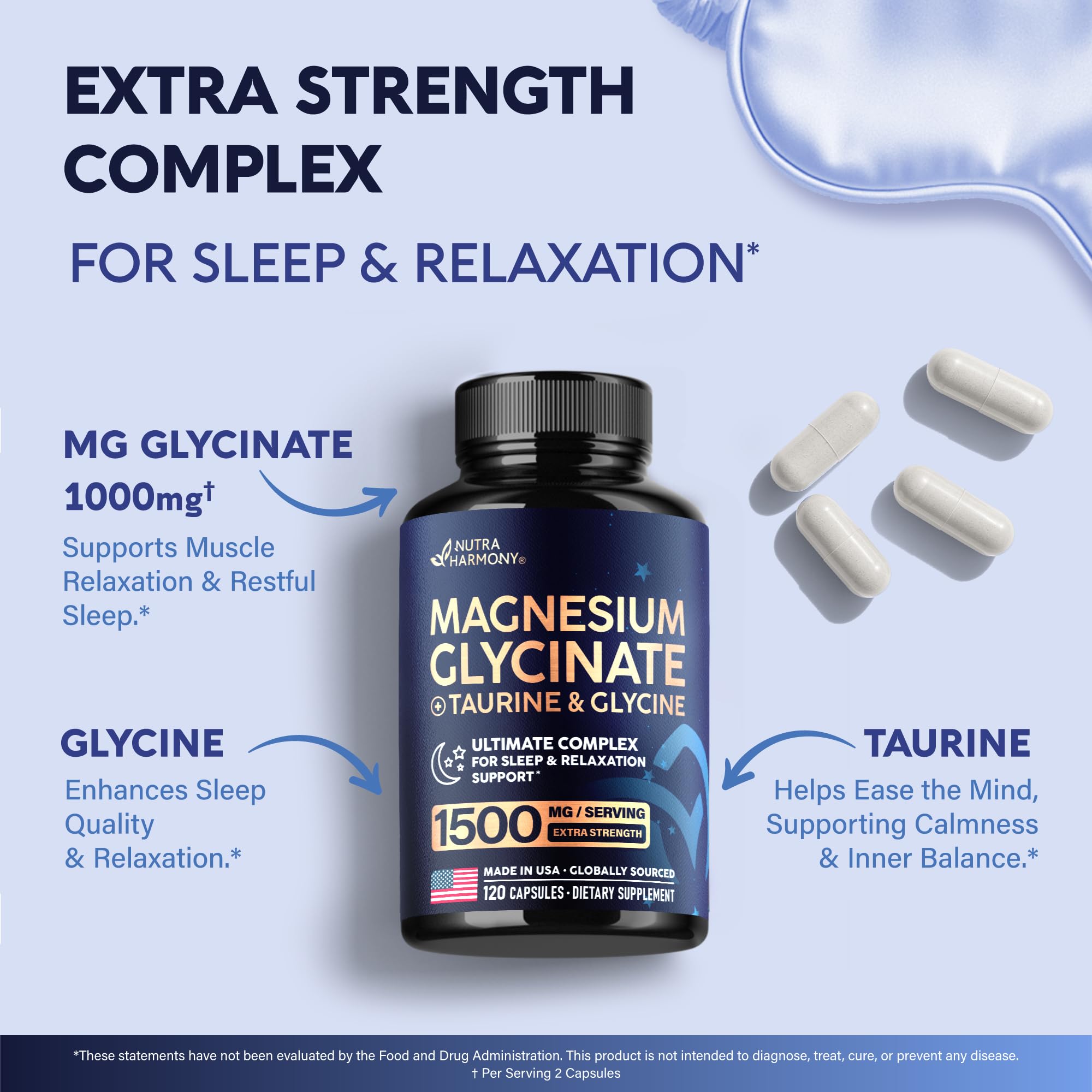 Magnesium Glycinate - Sleep & Relaxation Support - Extra Strength Glycinate, Glycine & Taurine 1500 mg - Magnesium Supplement for Women & Men - Chelated & High Absorption - Made in USA - 120 Capsules NUTRAHARMONYAu supplements
