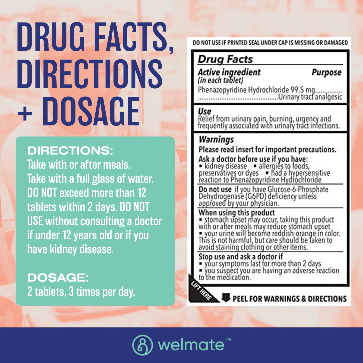 WELMATE Urinary Pain UTI Relief Maximum Strength (Phenazopyridine HCL) - Improve Urinary Tract Health & Bladder Control, Urgency, & Discomfort | Over-The-Counter Medication for Men & Women (72 Pills) WELMATEAu supplements