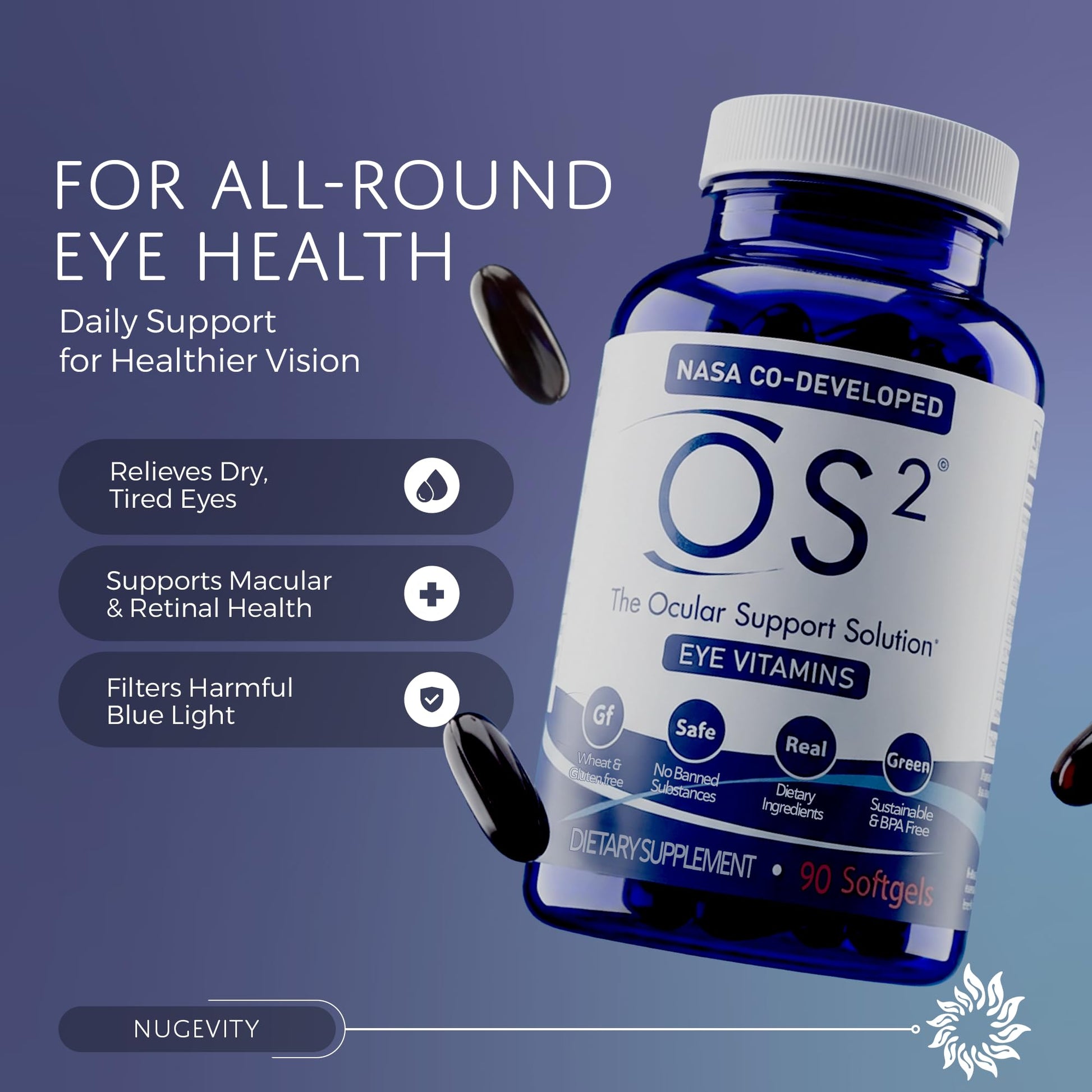 Nugevity OS2 Ocular Support Solution - Patented Eye Vitamins for Macular Health, Dry Eye and Blue Light - Lutein, Zeaxanthin, Omega 3, Astaxanthin and AREDS2 Supplements, Co-Developed by NASA, 90 ct NugevityAu supplements