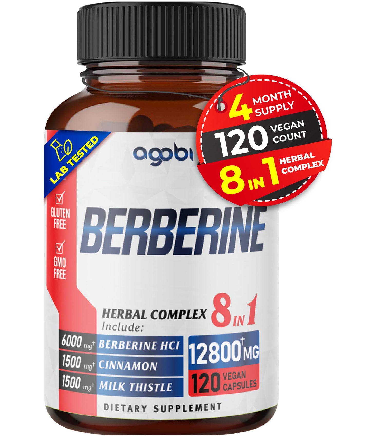 120 Capsules - Berberine Supplement 12800mg with Ceylon, Milk Thistle, Turmeric agobiUS supplements