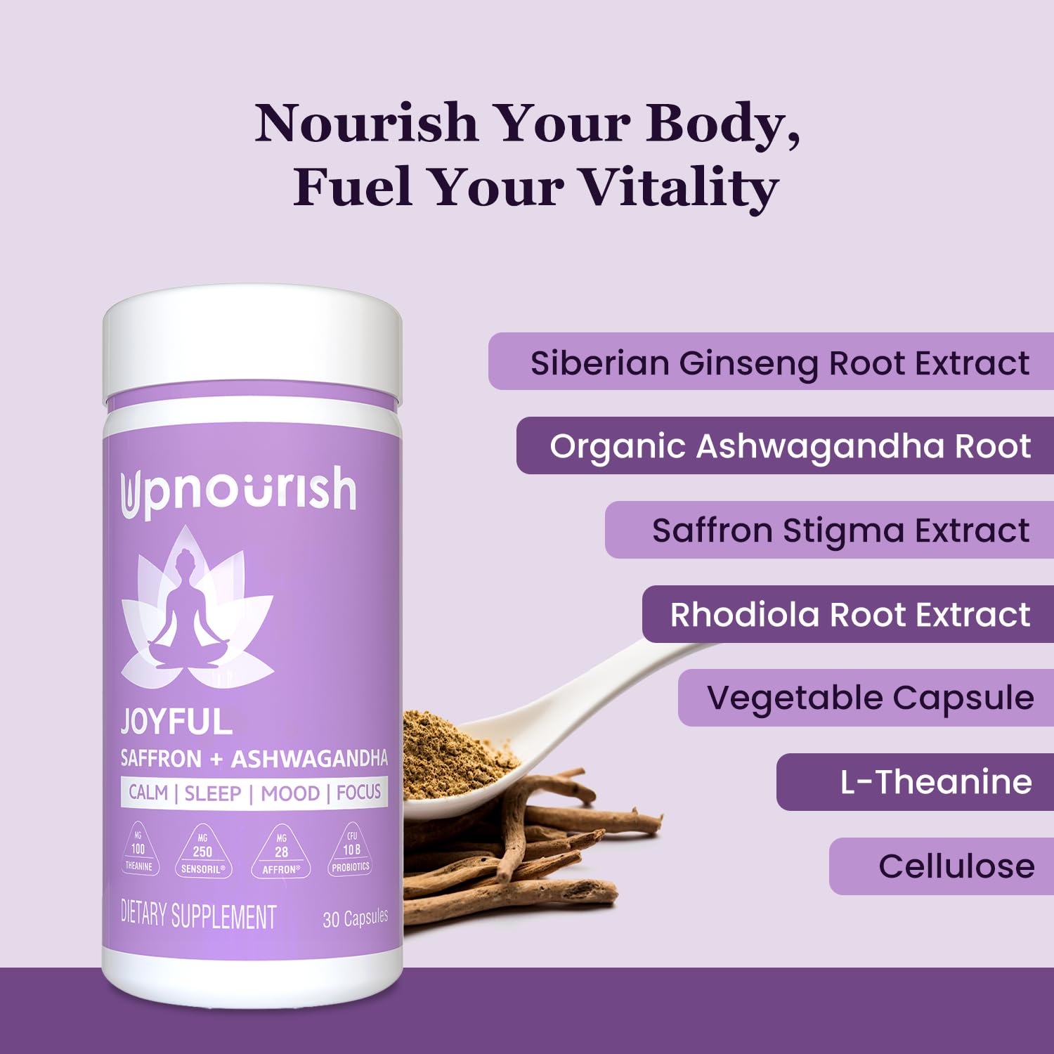 UpNourish Organic Ashwagandha Saffron Supplements with Probiotics - Stress Relief, Mood Enhancer, Calm Happy Pills Support Fatigue Focus Clarity with L-Theanine, Rhodiola, 30 Vegan Capsules UpNourishAu supplements
