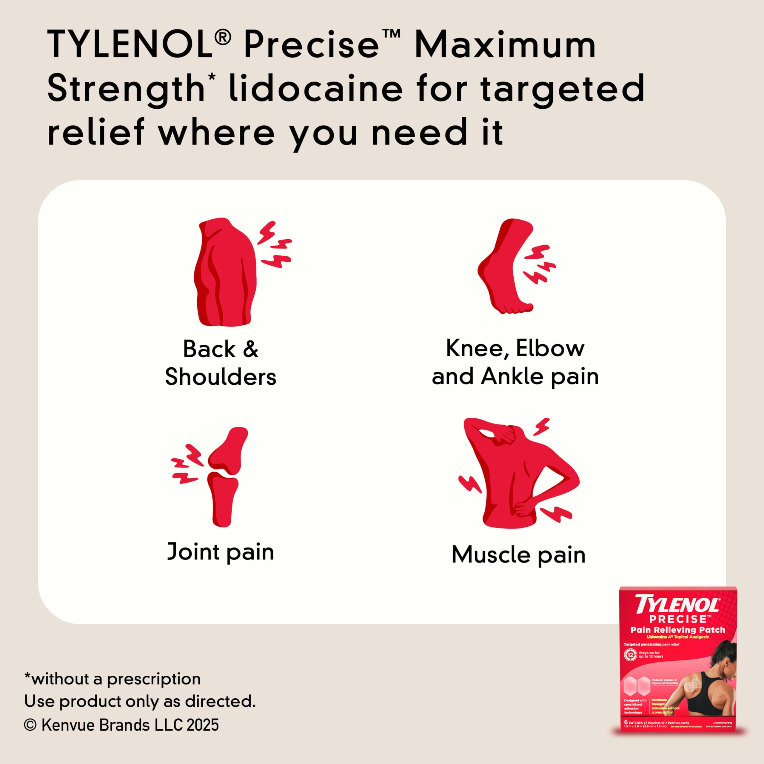 Tylenol Precise Pain Relieving Patches, Topical Analgesic Patches + Maximum OTC Strength Lidocaine Penetrates, Targeted Relief Ideal for Shoulder, Back & Knee Pain, Unscented, 3 x 2 ct TylenolAu supplements
