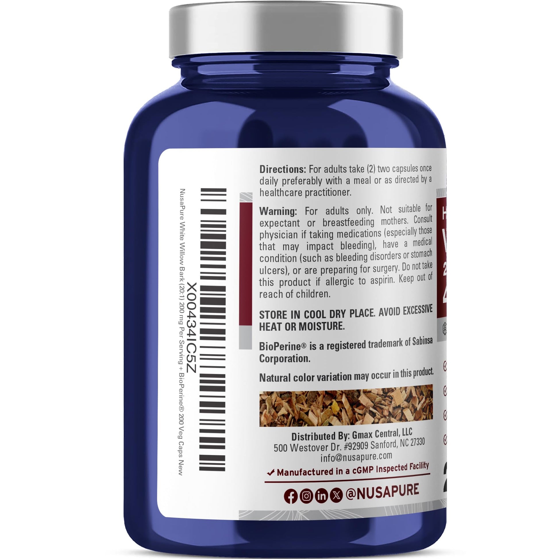 NusaPure White Willow Bark 20:1 Extract, 200 mg Equivalent to 4000mg, 200 Veggie Capsules, Max Strength, (Non-GMO, Vegan) NusaPureAu supplements