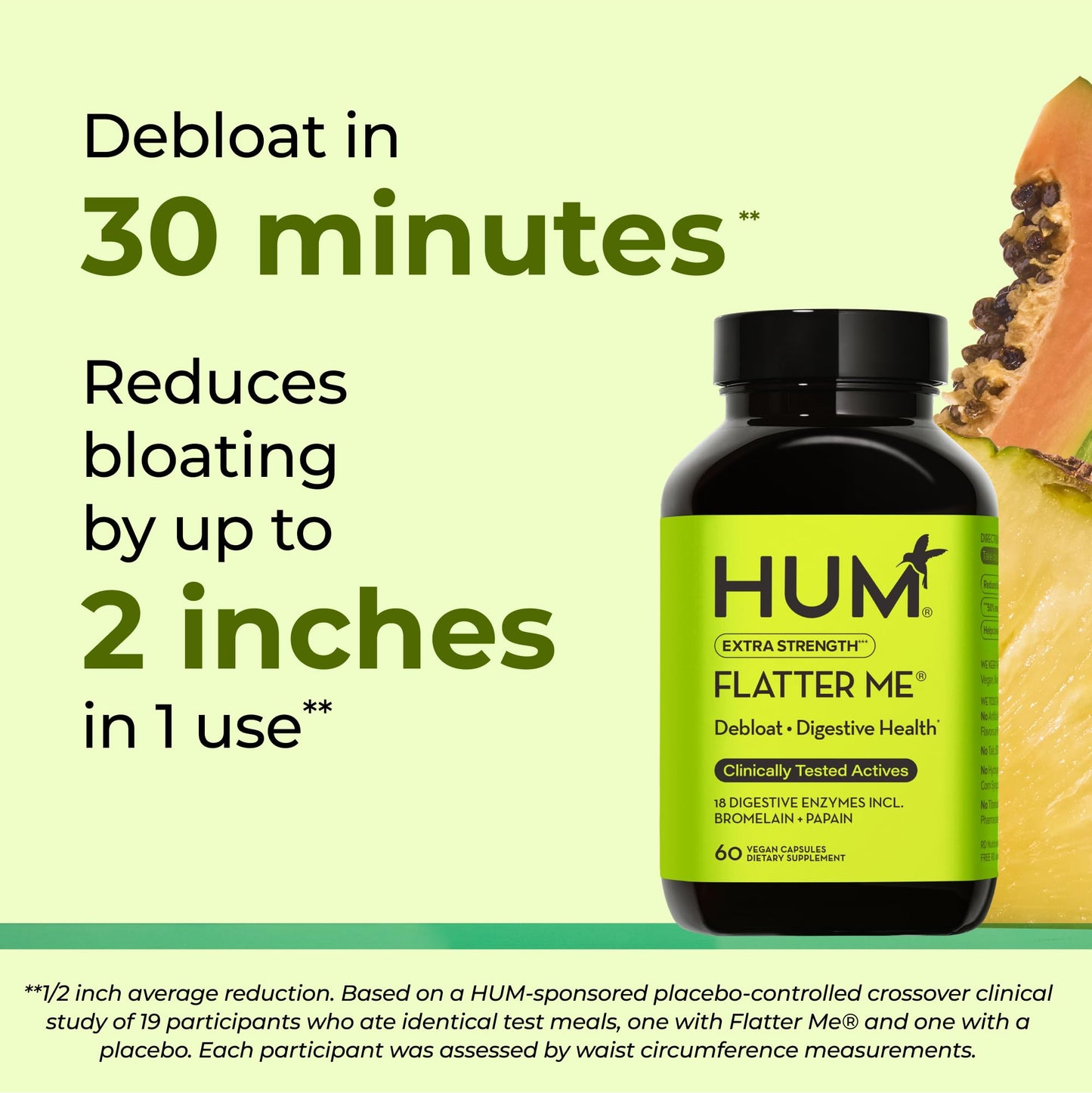 HUM Flatter Me Extra Strength Digestive Enzymes for Women, Men, Digestive Gut Bloating Supplement, Ginger, Peppermint Leaf, Fast Acting Anti Bloat HUMUS supplements