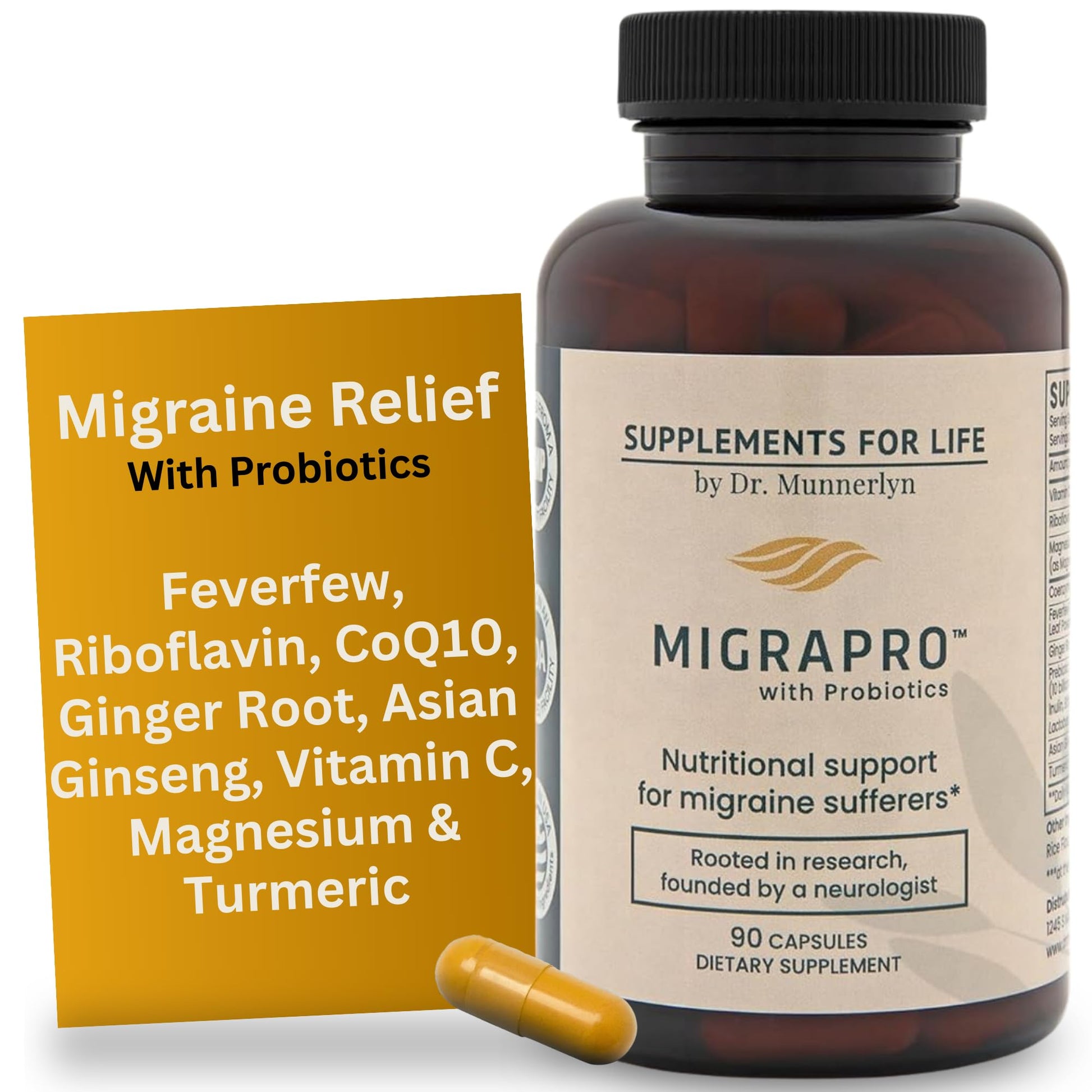 Dr. Munnerlyn MigraPro with Probiotics, Brain and Gut Health Support Supplement with Magnesium, Riboflavin, CoQ10, Ginger Root, Asian Ginseng, Vitamin C, Feverfew & Turmeric, Gluten Free, 90 Capsules Dr. MunnerlynAu supplements