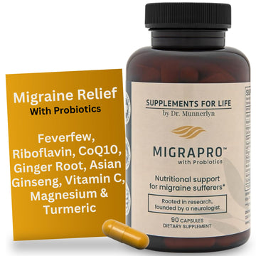 Dr. Munnerlyn MigraPro with Probiotics, Brain and Gut Health Support Supplement with Magnesium, Riboflavin, CoQ10, Ginger Root, Asian Ginseng, Vitamin C, Feverfew & Turmeric, Gluten Free, 90 Capsules Dr. MunnerlynAu supplements