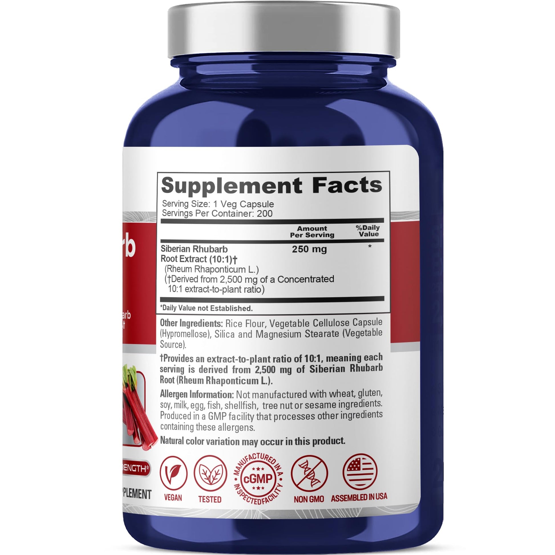 NusaPure Siberian Rhubarb 10:1 Extract, 250 mg Equivalent to 2,500mg - 200 Veggie Capsules (Vegetarian, Non-GMO, Vegan) NusaPureAu supplements