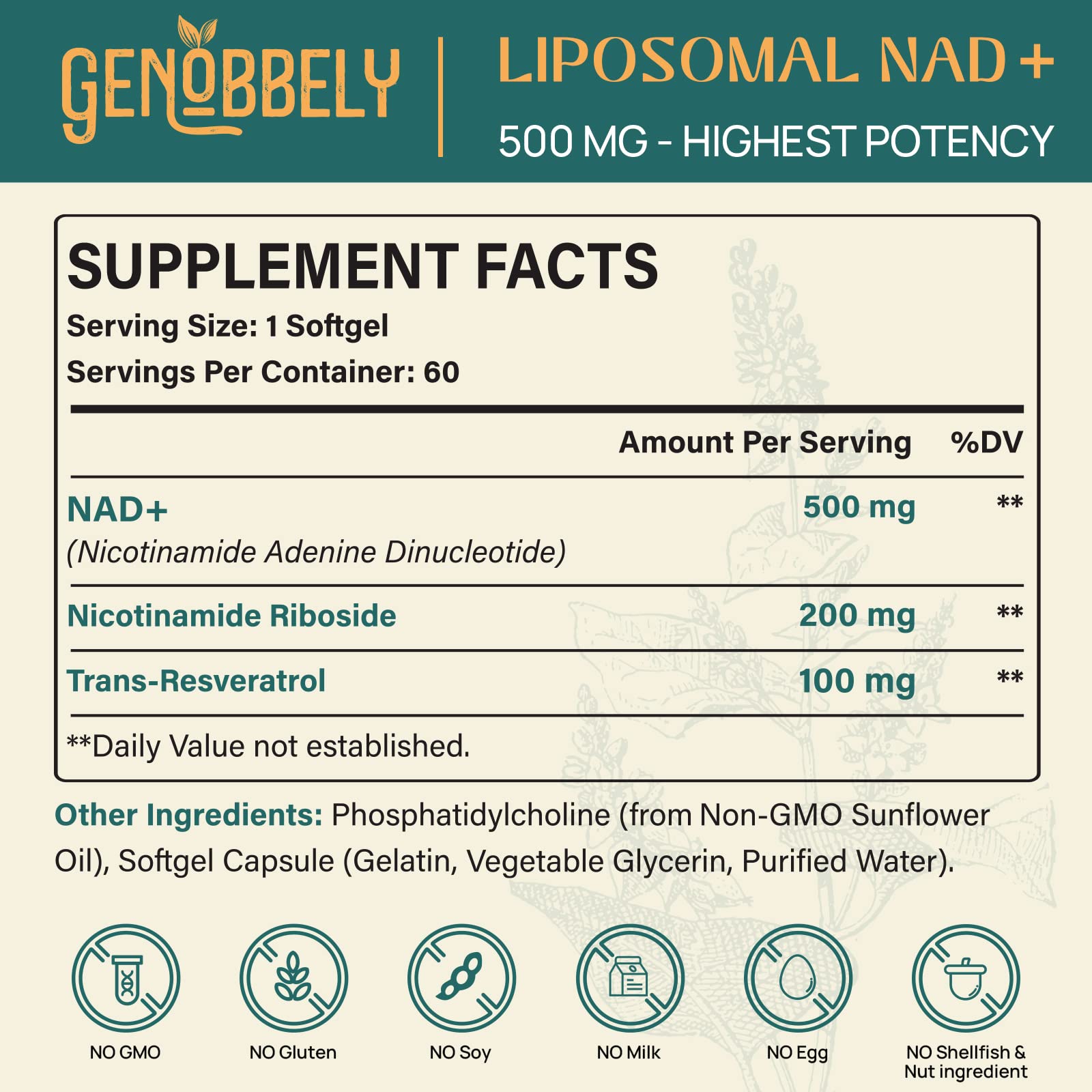 GENOBBELY 800 mg Liposomal NAD+ Supplement with Nicotinamide Riboside 200 mg, Trans-Resveratrol 100 mg - True NAD Supplement for DNA Repair, Healthy Aging, Brain Function - 60-Day Supply GENOBBELYAu supplements