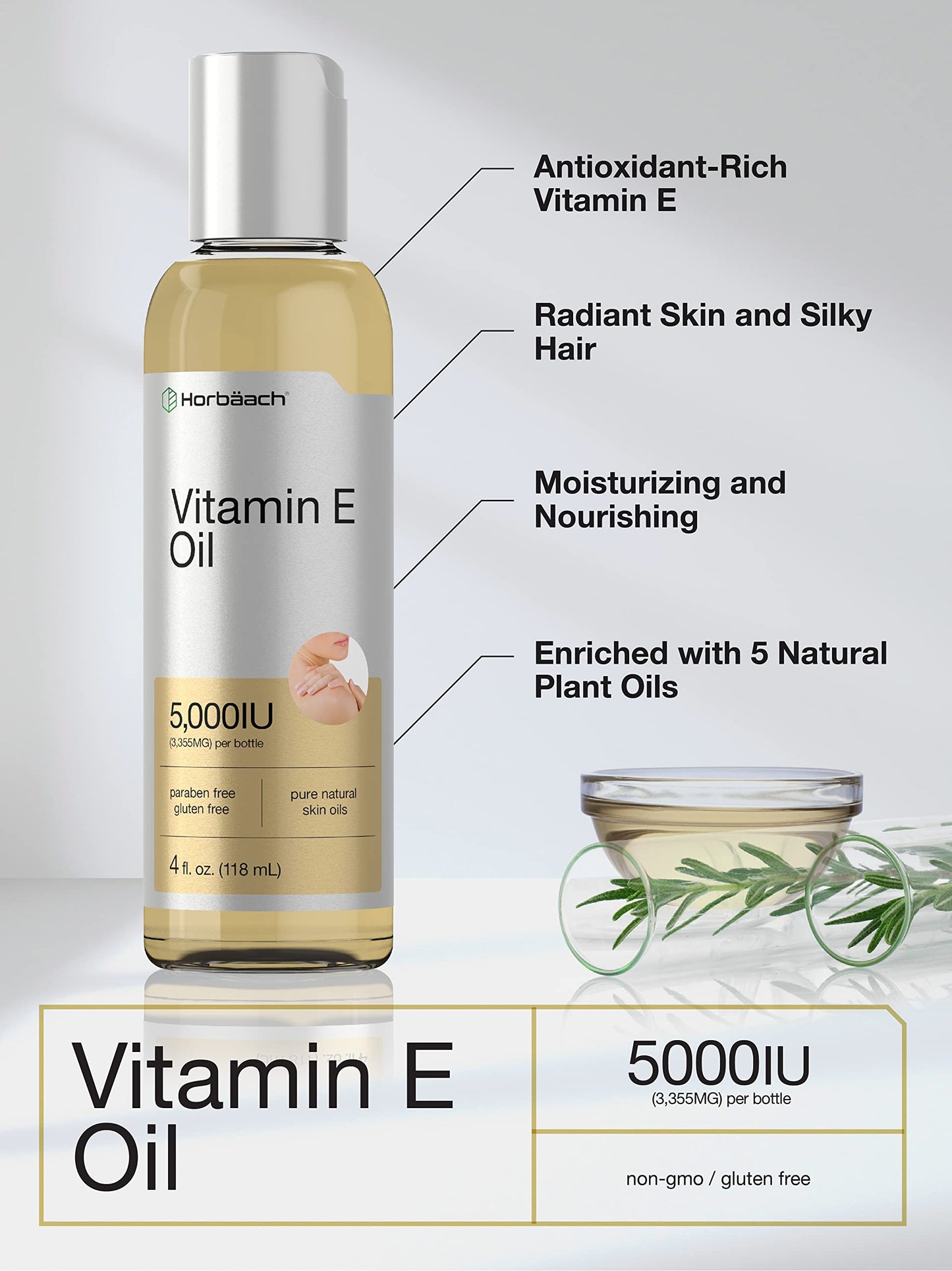 Vitamin E Oil | 5000 IU | 8 oz (2 x 4oz) Value Pack | for Skin, Hair, Face & Body | Vegetarian HorbäachUS supplements