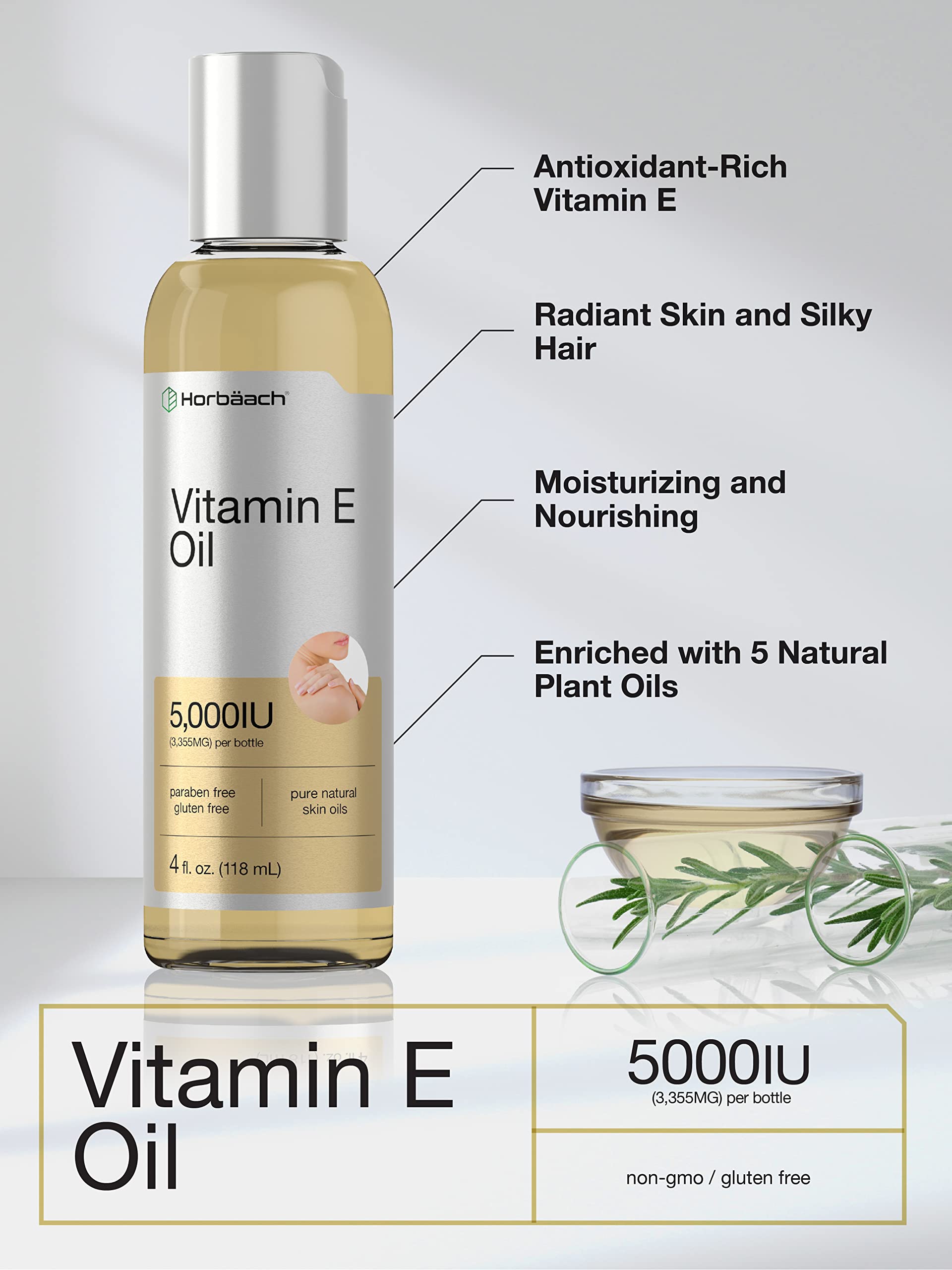 Vitamin E Oil | 5000 IU | 8 oz (2 x 4oz) Value Pack | for Skin, Hair, Face & Body | Vegetarian HorbäachAu supplements
