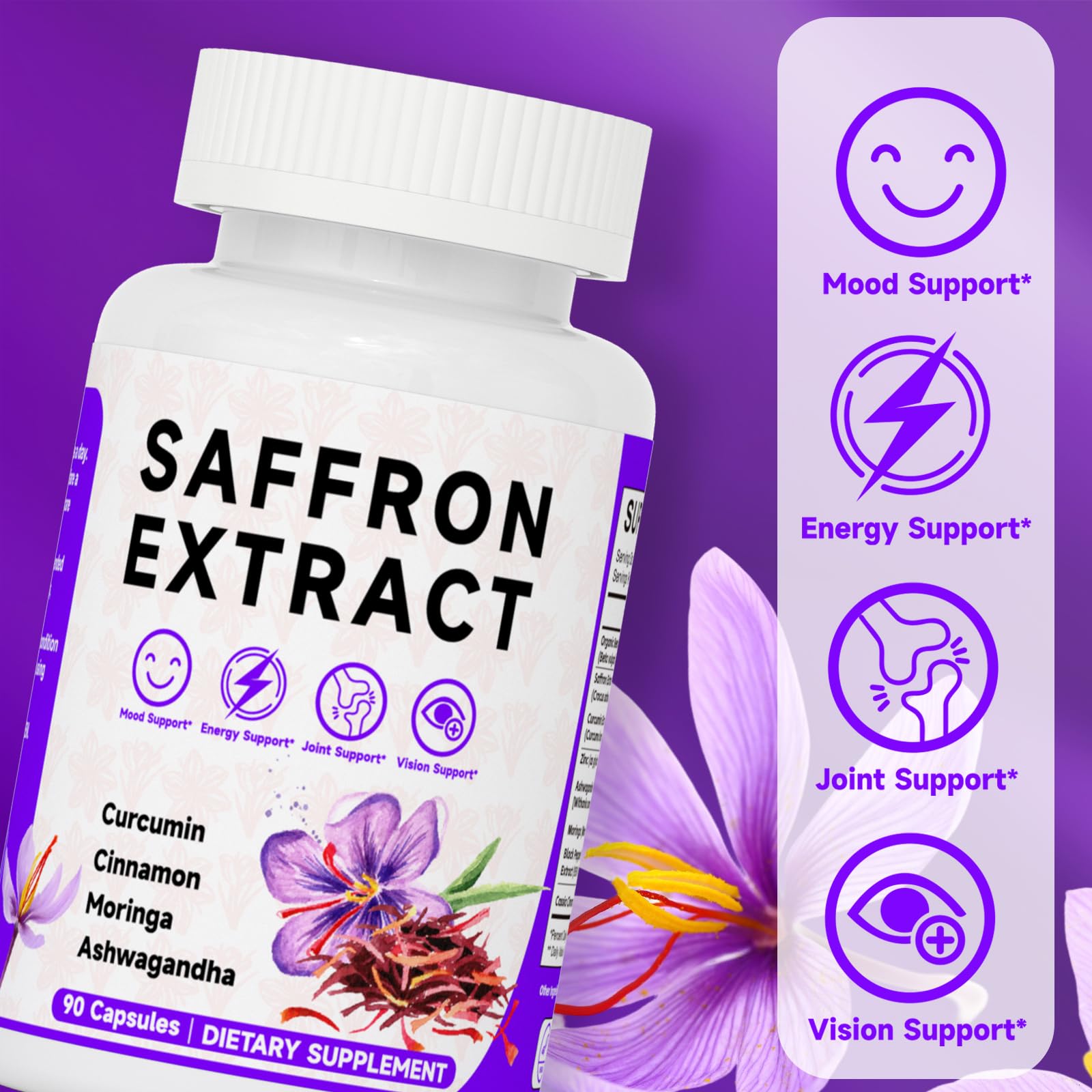 Happy Saffron Supplements, 100mg Saffron Extract, Saffron Blend with Turmeric & Ashwagandha, Supports Mood, Focus, and Energy Boost, 90 Capsules MossllyAu supplements