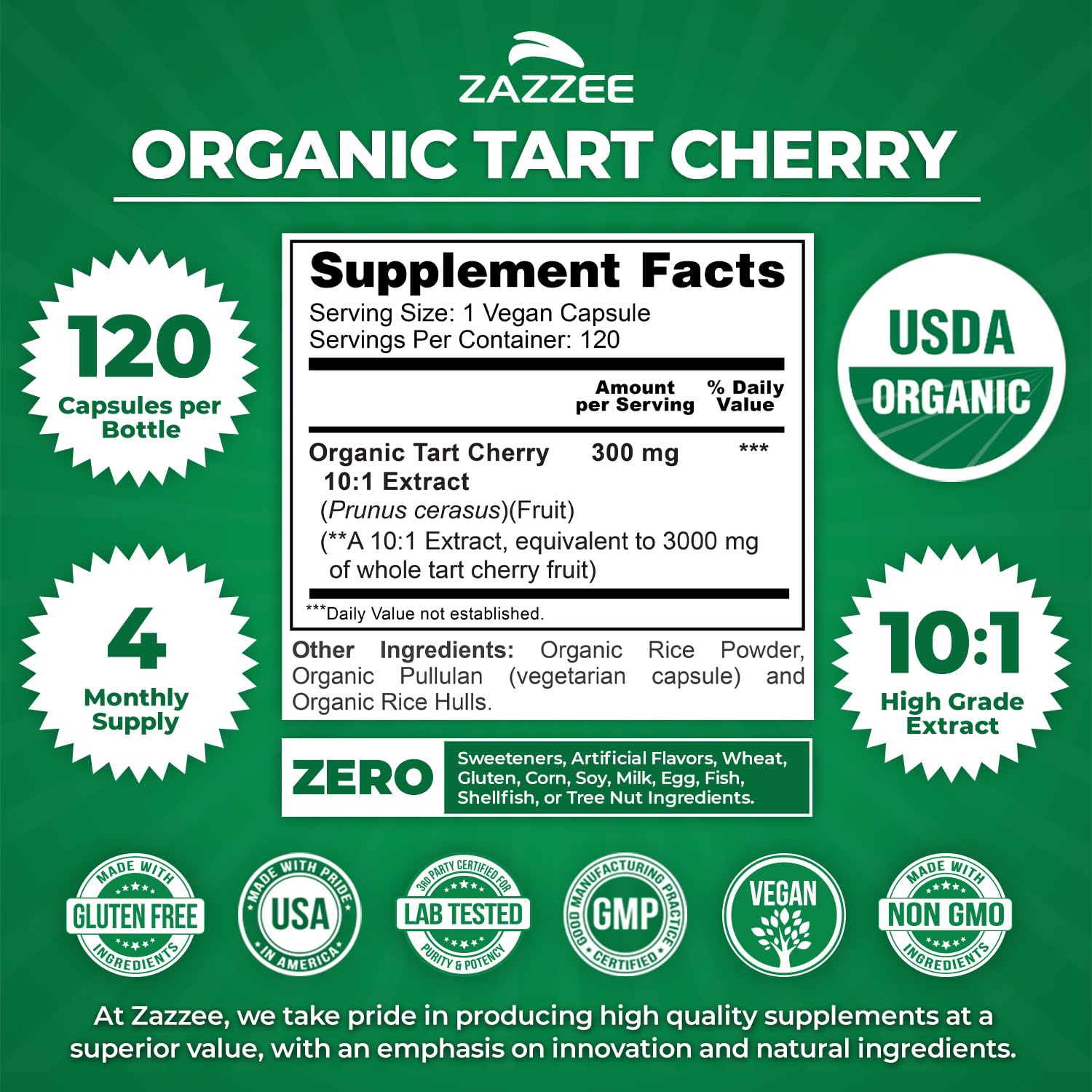 Zazzee USDA Organic Tart Cherry 10:1 Extract, 120 Vegan Capsules, 4 Month Supply, Montmorency Cherry, Daily Wellness Antioxidant Support, Organic Herbal Supplement, All-Natural, Non-GMO, Made in USA ZazzeeAu supplements
