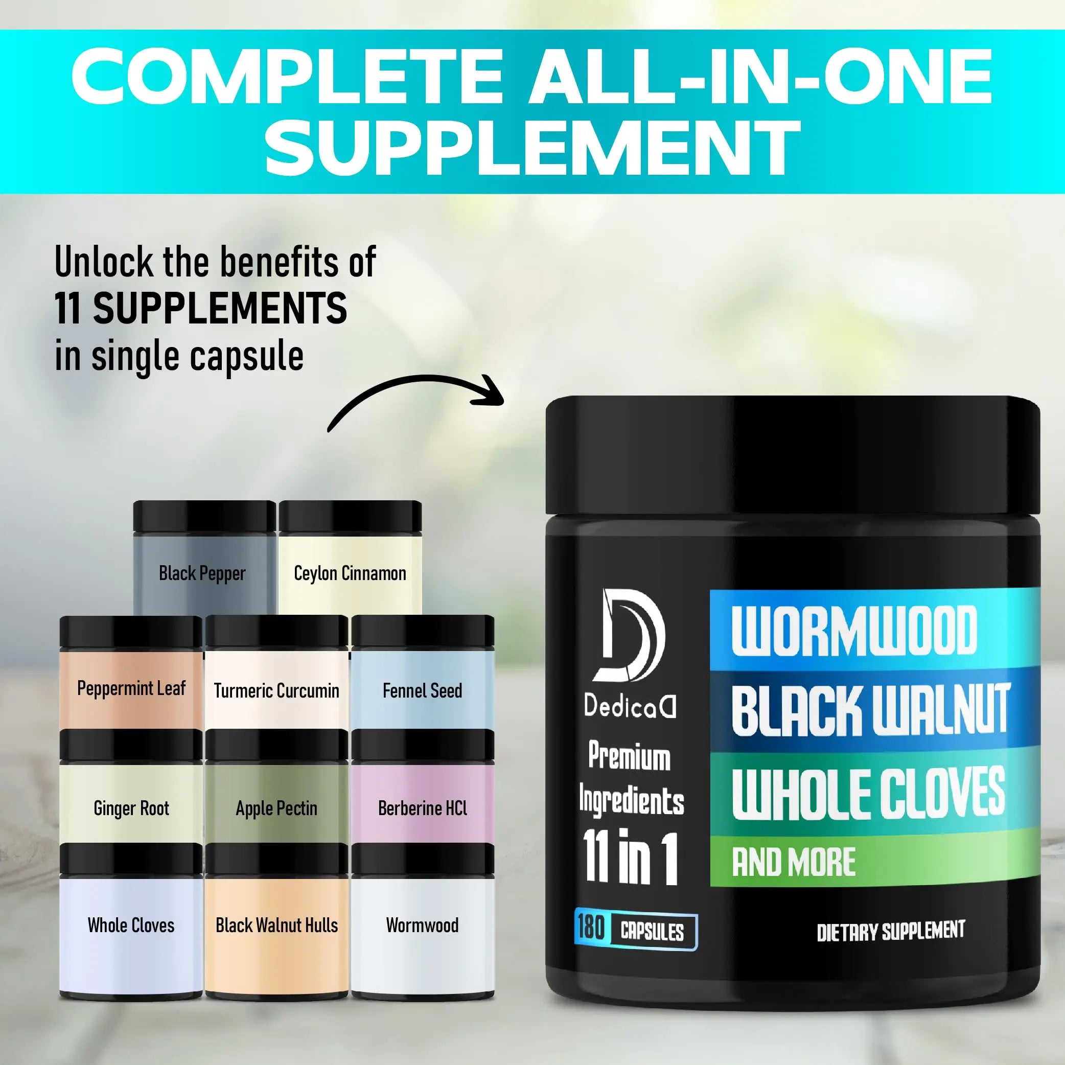 DEDICAD 11in1 Wormwood Capsules - 180 Capsules Extracted from Black Walnut, Cloves, Ginger, Turmeric, Apple, Berberine HCl & More - Support Immune System for 3 Months DEDICADnz supplements