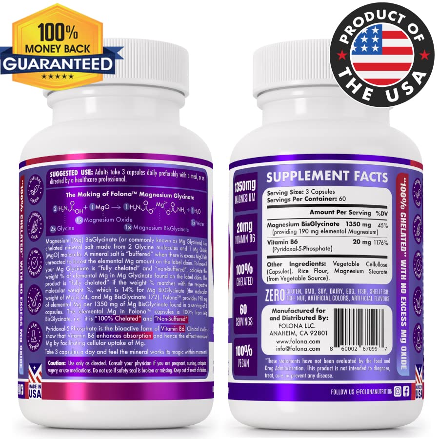 Folona Magnesium Glycinate with Vitamin B6 Research Proven to Enhance Absorption, 1350mg Fully Chelated - Supports Sleep, Stress Relief, Energy, Muscle Cramps - Gluten Free, NonGMO, 180 Vegan Capsules FOLONAAu supplements