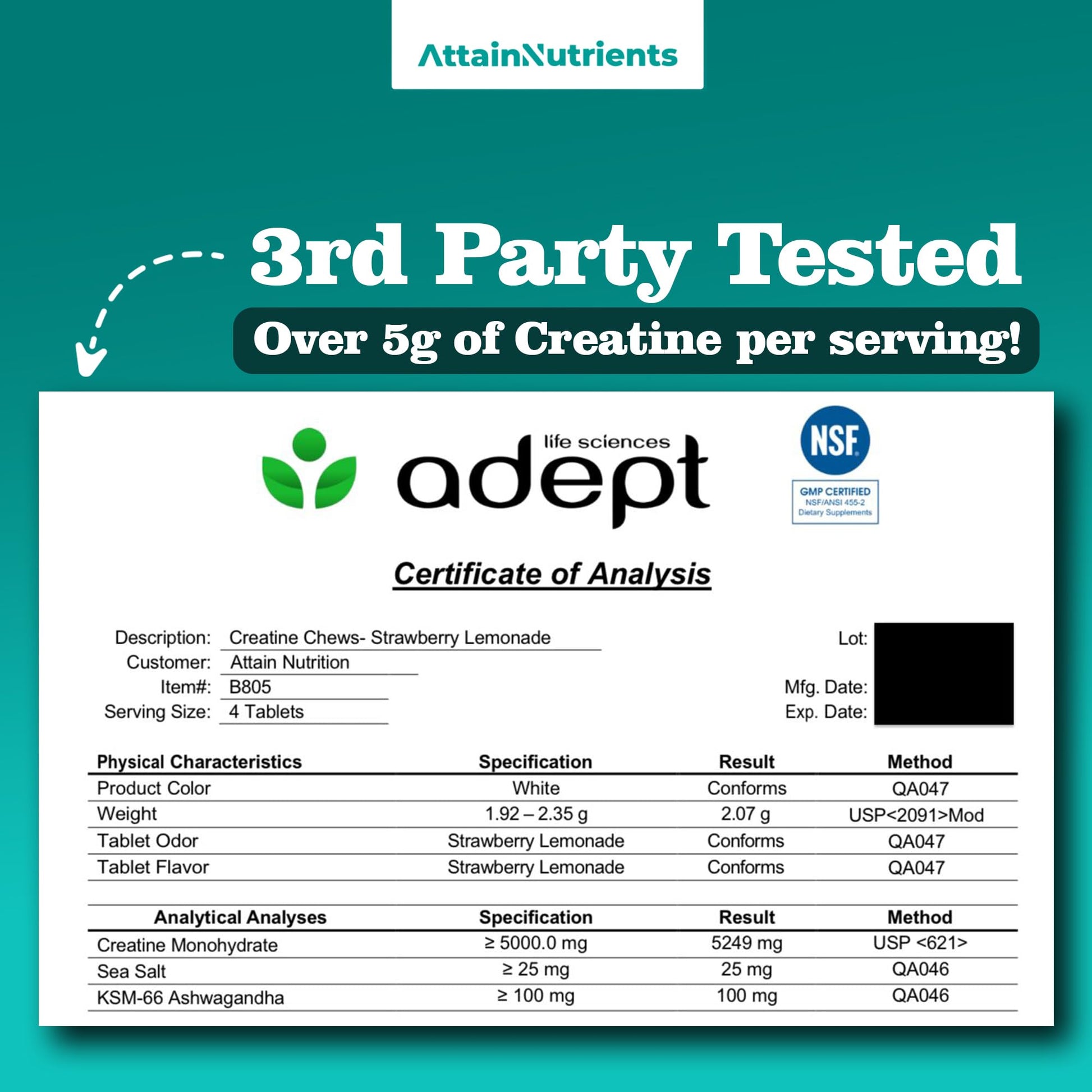 Creatine Chews - 5000mg Creatine Monohydrate Tablets for Men & Women with Ashwagandha KSM-66 - Low Sugar Muscle Support & Cognitive Boost - Gummy Alternative - 120 Count (Strawberry Lemonade) Attain NutrientsAu supplements