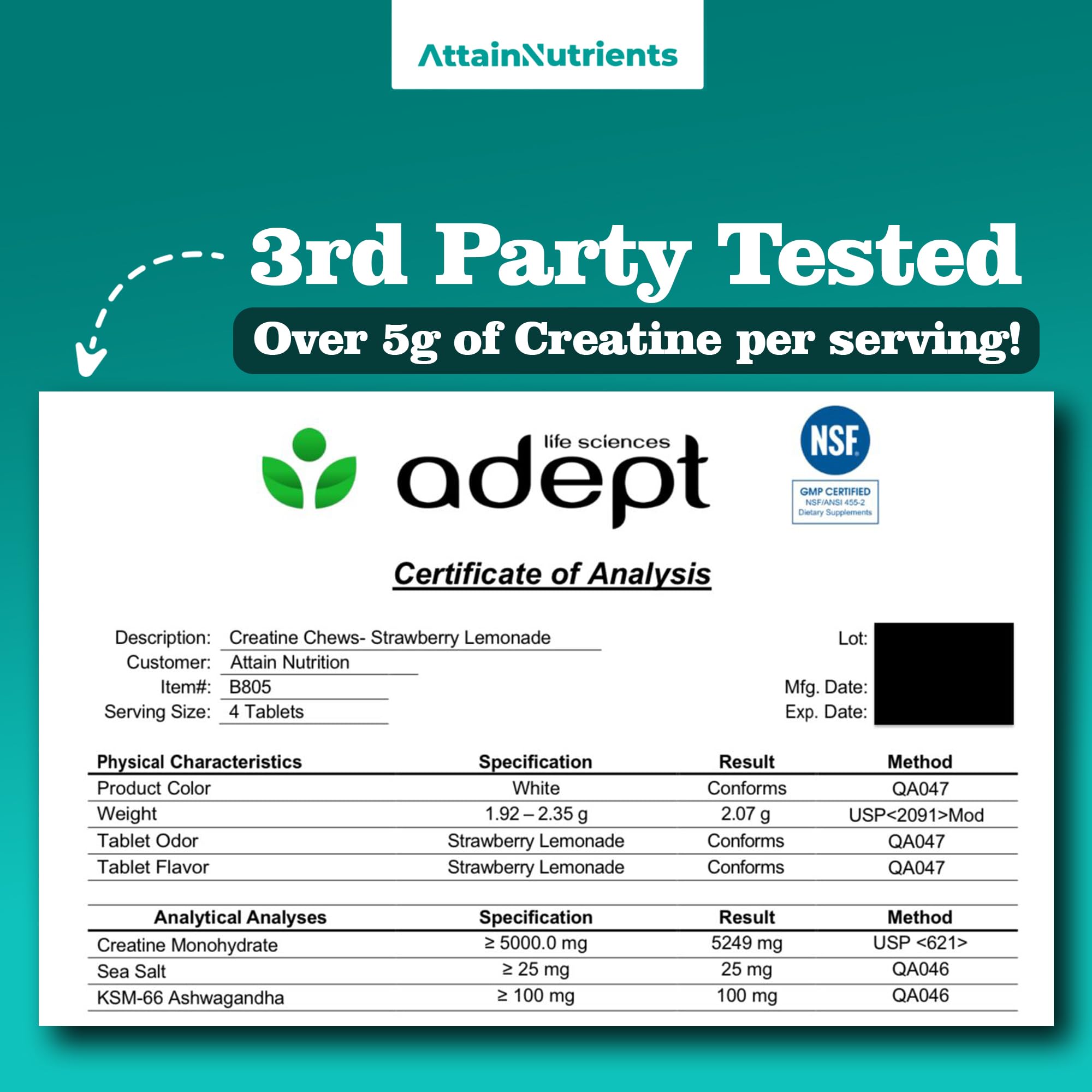 Creatine Chews - 5000mg Creatine Monohydrate Tablets for Men & Women with Ashwagandha KSM-66 - Low Sugar Muscle Support & Cognitive Boost - Gummy Alternative - 120 Count (Strawberry Lemonade) Attain NutrientsAu supplements