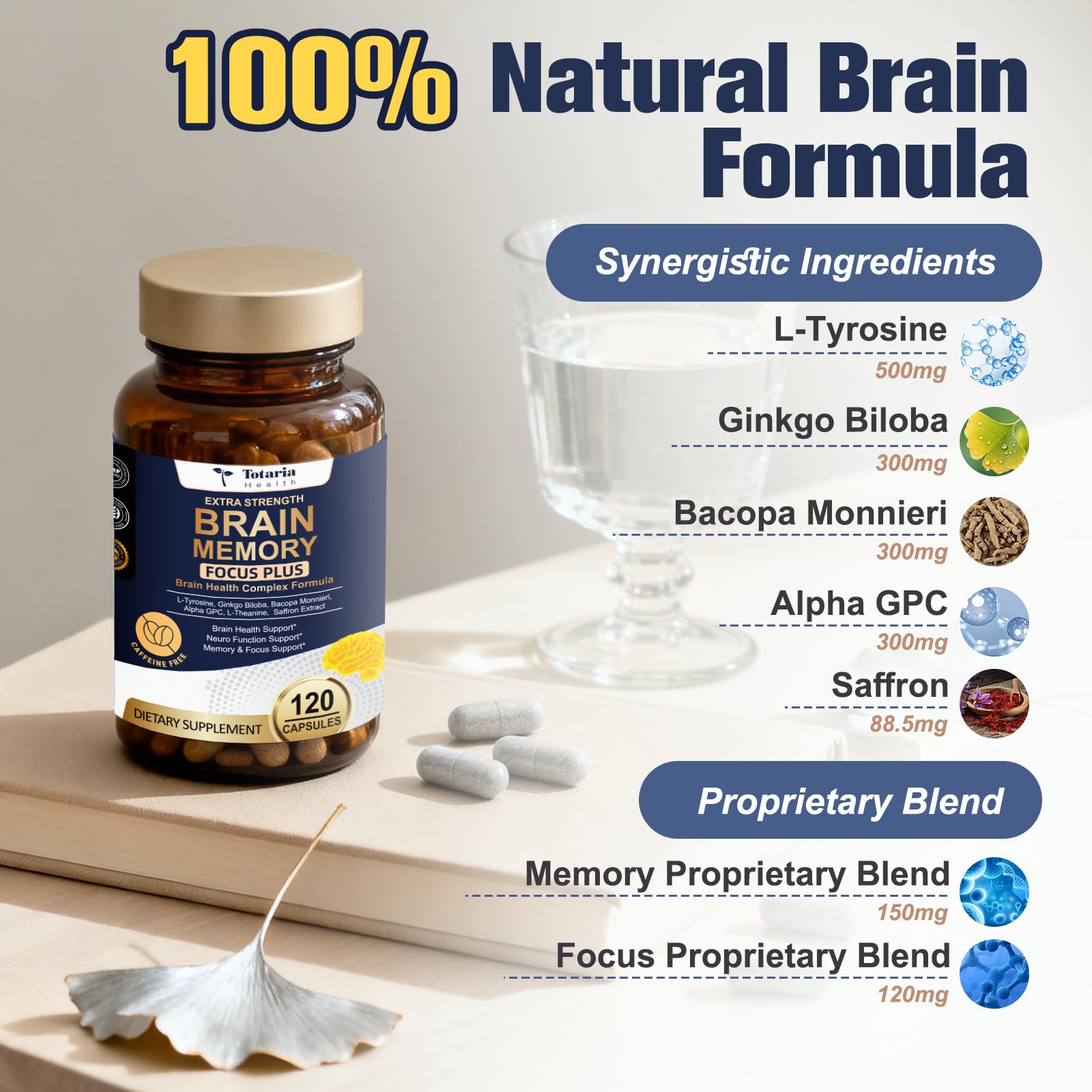 Totara Brain Supplements for Memory and Focus丨Non-Caffeinated Energy with L-Tyrosine, Alpha GPC, Ginkgo Biloba, Bacopa Monnieri, Saffron – Gluten Free, Non-GMO for Neuro & Brain Health (120 Counts) TotariaAu supplements