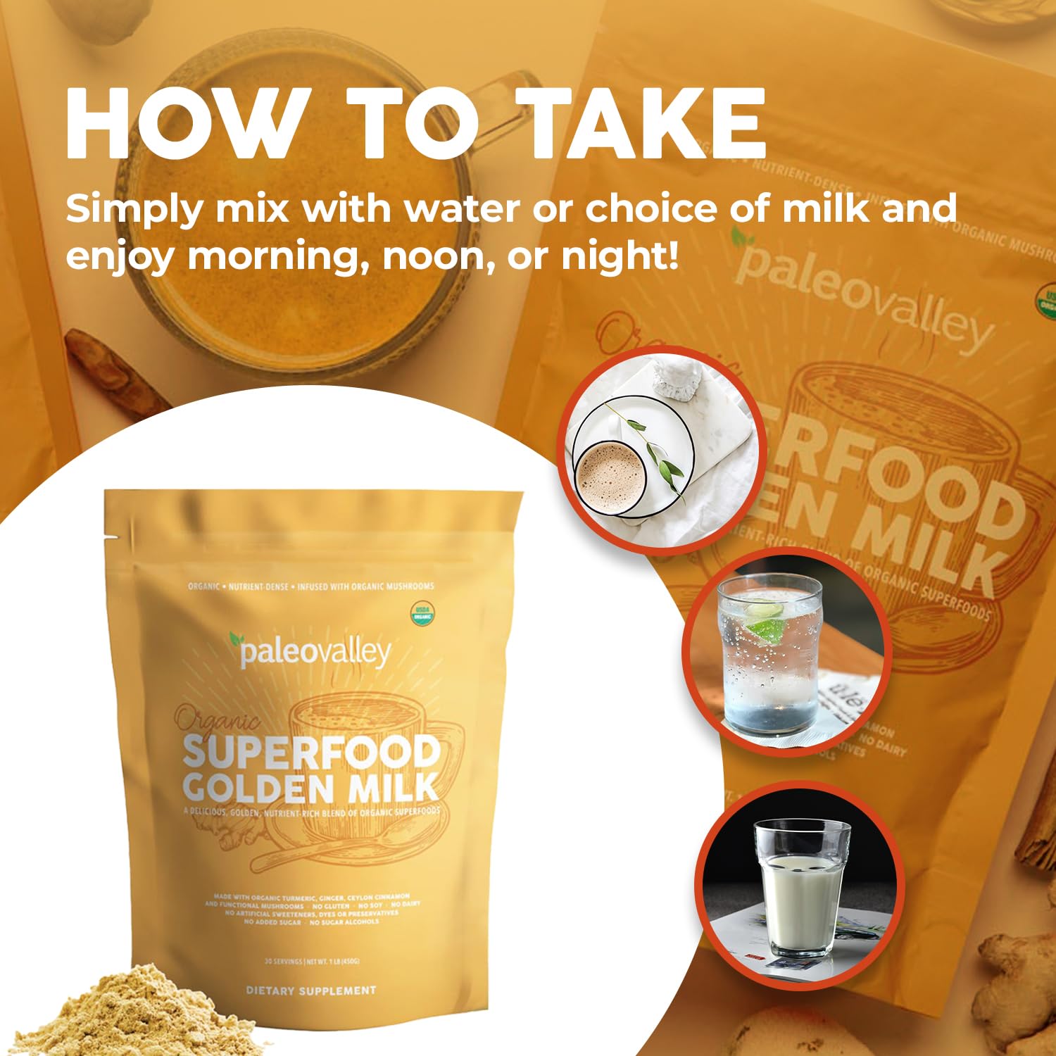 Paleovalley Organic Superfood Golden Milk - Immune, Focus, Cognitive, Longevity - Turmeric, MCT-Rich Coconut Milk, Functional Mushrooms, 30 Servings PaleovalleyUS supplements