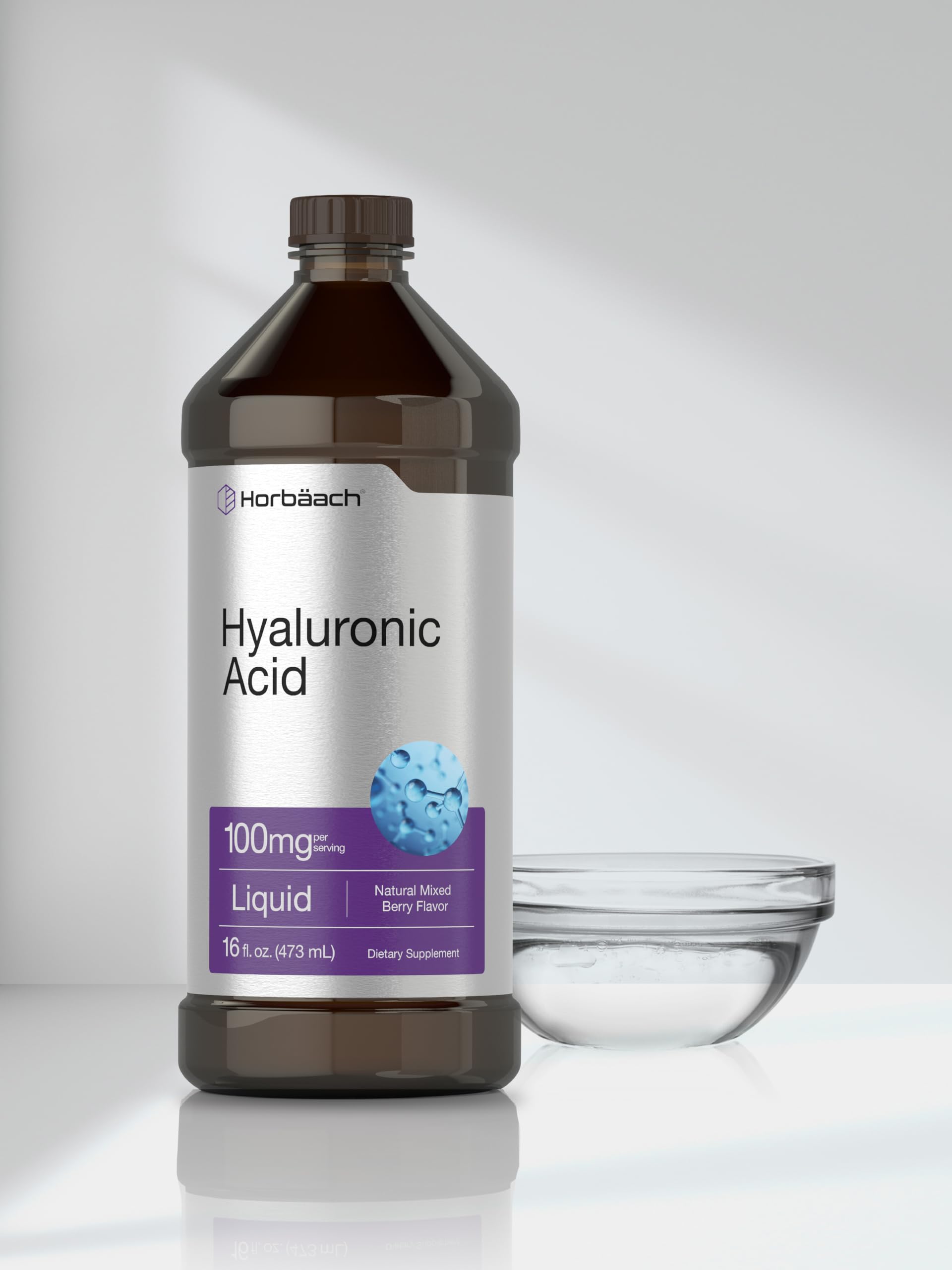 Liquid Hyaluronic Acid Supplement | 100 mg | 16 oz | Mixed Berry Flavor | Non-GMO HorbäachAu supplements