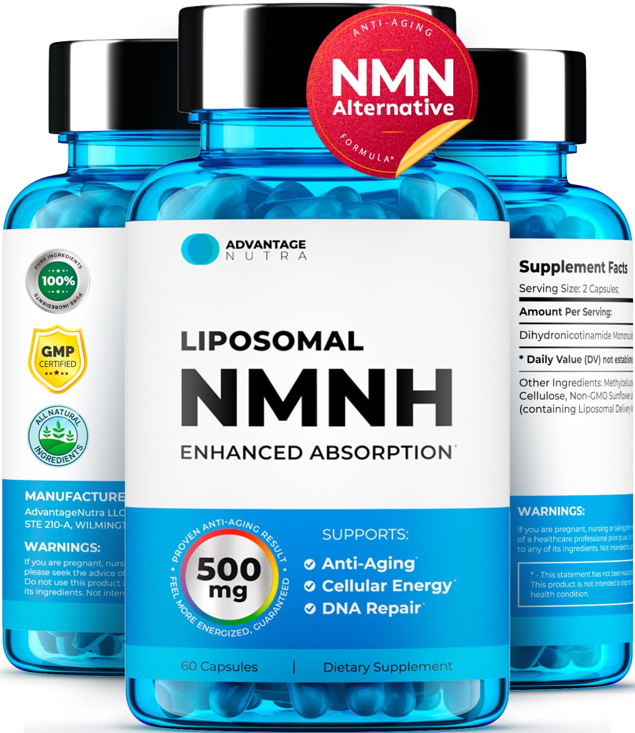 Liposomal NMNH 500 MG - NMN Supplement Alternative - NAD Supplements for Women & Men | Healthy Anti Aging - Cell Support for Energy, Focus & Skin - Advanced NAD+ Resveratrol 3-Party Tested | 1 Pack AdvantageNutraAu supplements