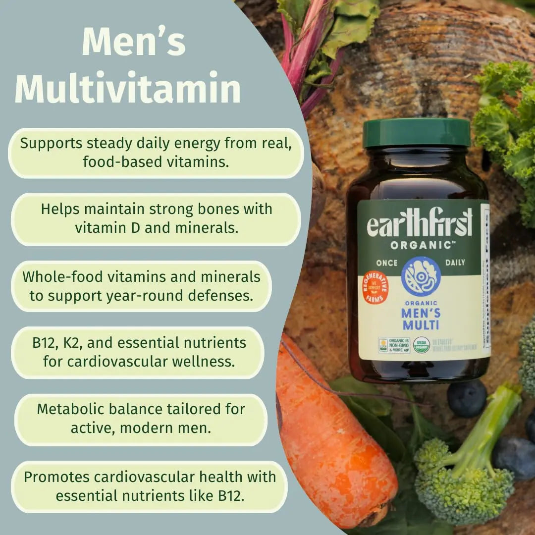 EarthFirst Organic Men’s Multi Once Daily, Whole-Food Multivitamin with 19 Vitamins & Minerals for Energy, Heart, Bone Strength EarthFirst OrganicAu supplements