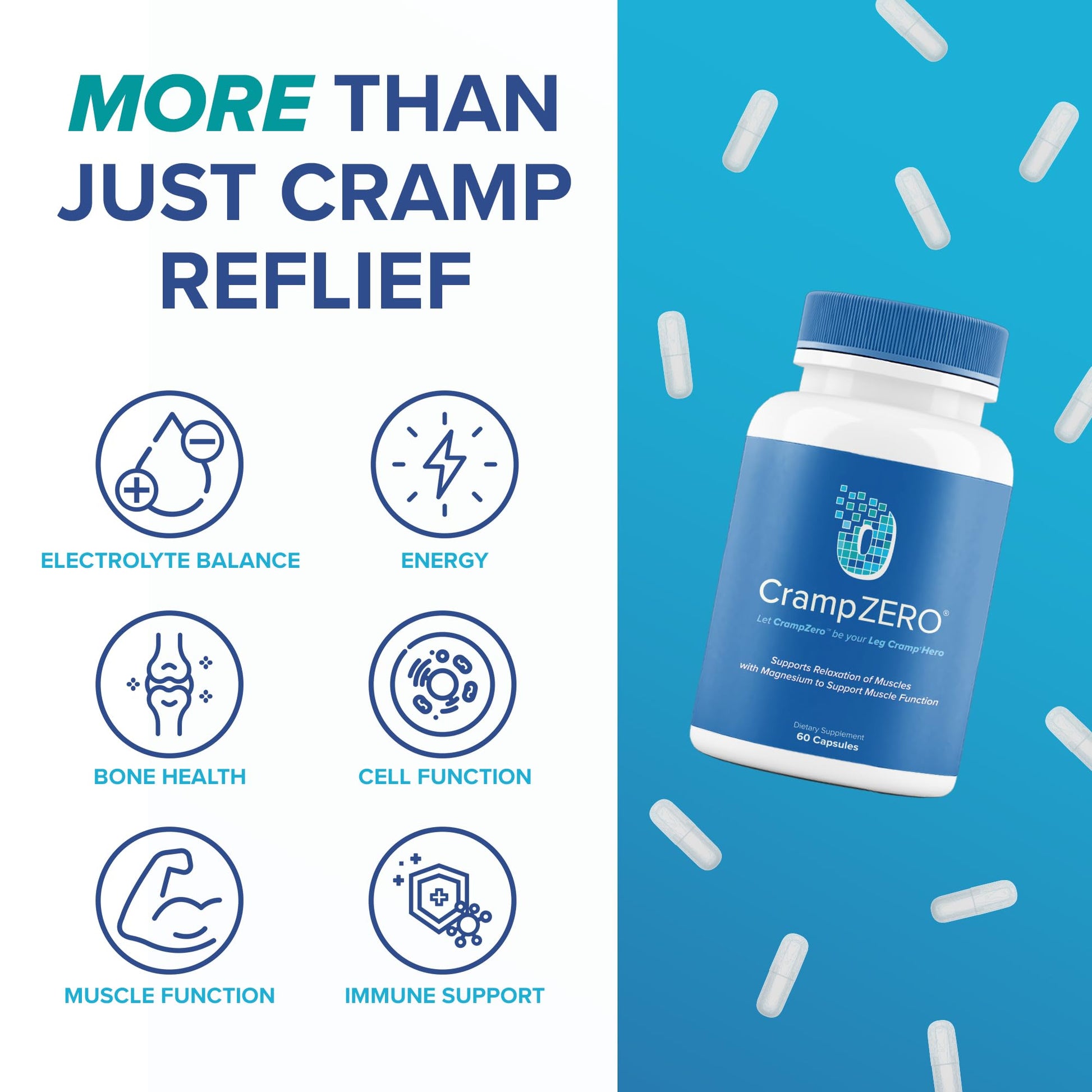 CrampZero Magnesium for Leg Cramps at Night – Potassium Magnesium Supplement with Calcium and Vitamin D3, Supports Muscle Relaxation and Function, Night Leg Cramps Relief, 60 Capsules CrampZeroAu supplements