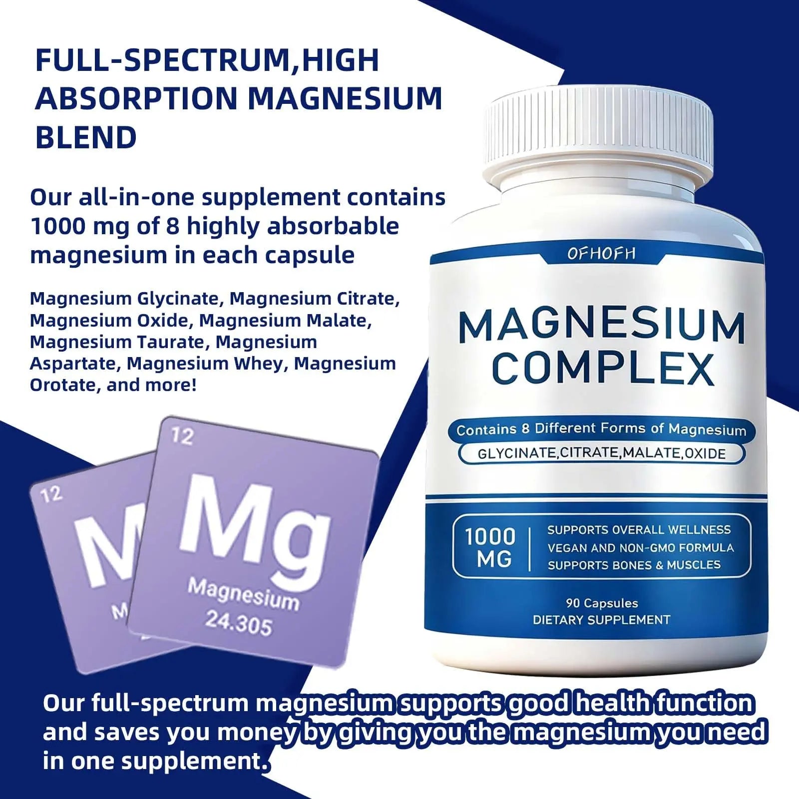 Magnesium Complex Supplement 8 Elemental - Magnesium Glycinate, Citrate, Malate, Oxide | Easy Absorption for Bones, Muscle, Energy, Vegan, Non-GMO 90 Capsules (1pc) OFHOFHnz supplements