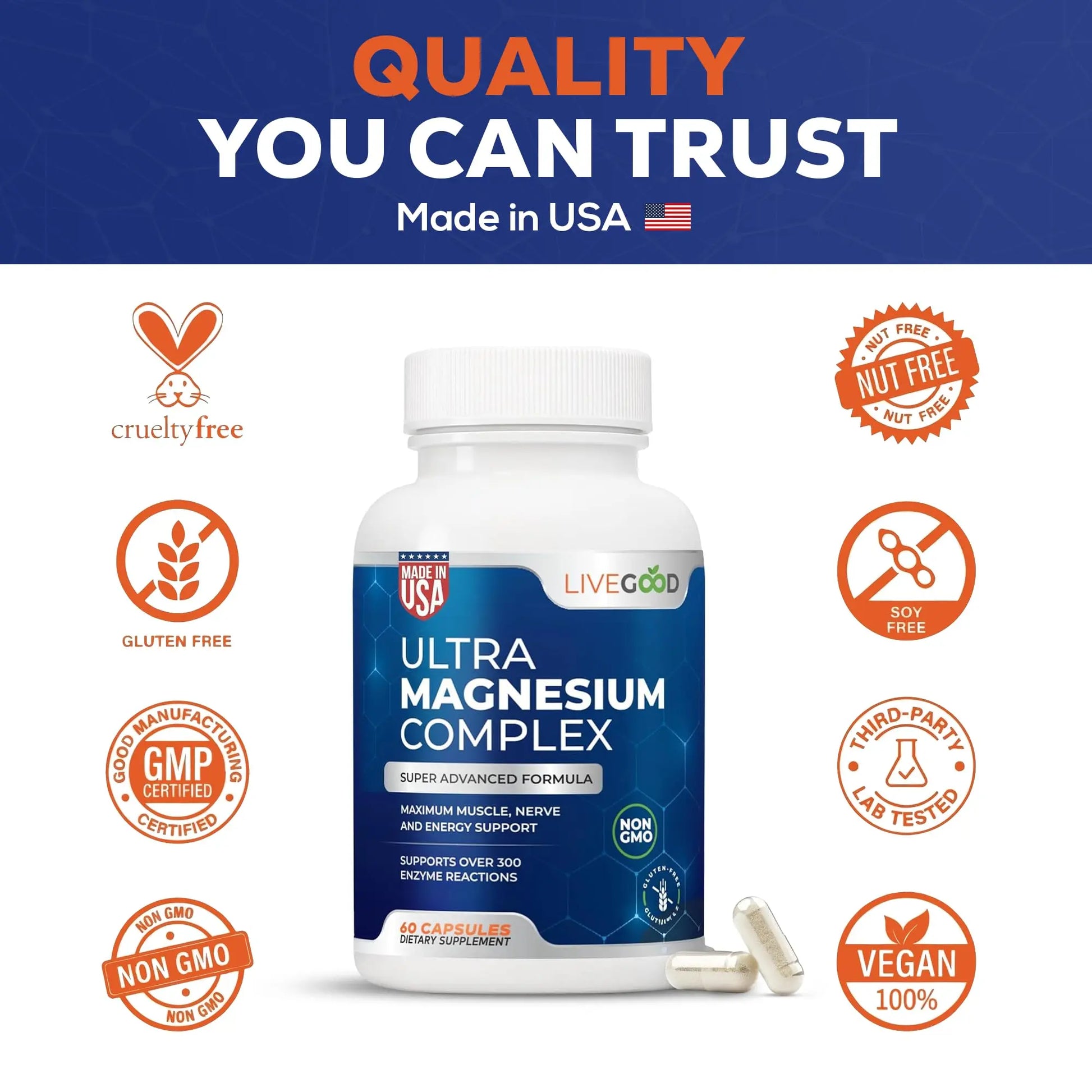 LiveGood™ Ultra Magnesium Complex, Organic Magnesium Glycinate and Gluconate for Muscle Recovery, Nerve Support & Relief – High Absorption Supplement, Vegan, Non-GMO, Made in USA, 60 Capsules LIVEGOODnz supplements
