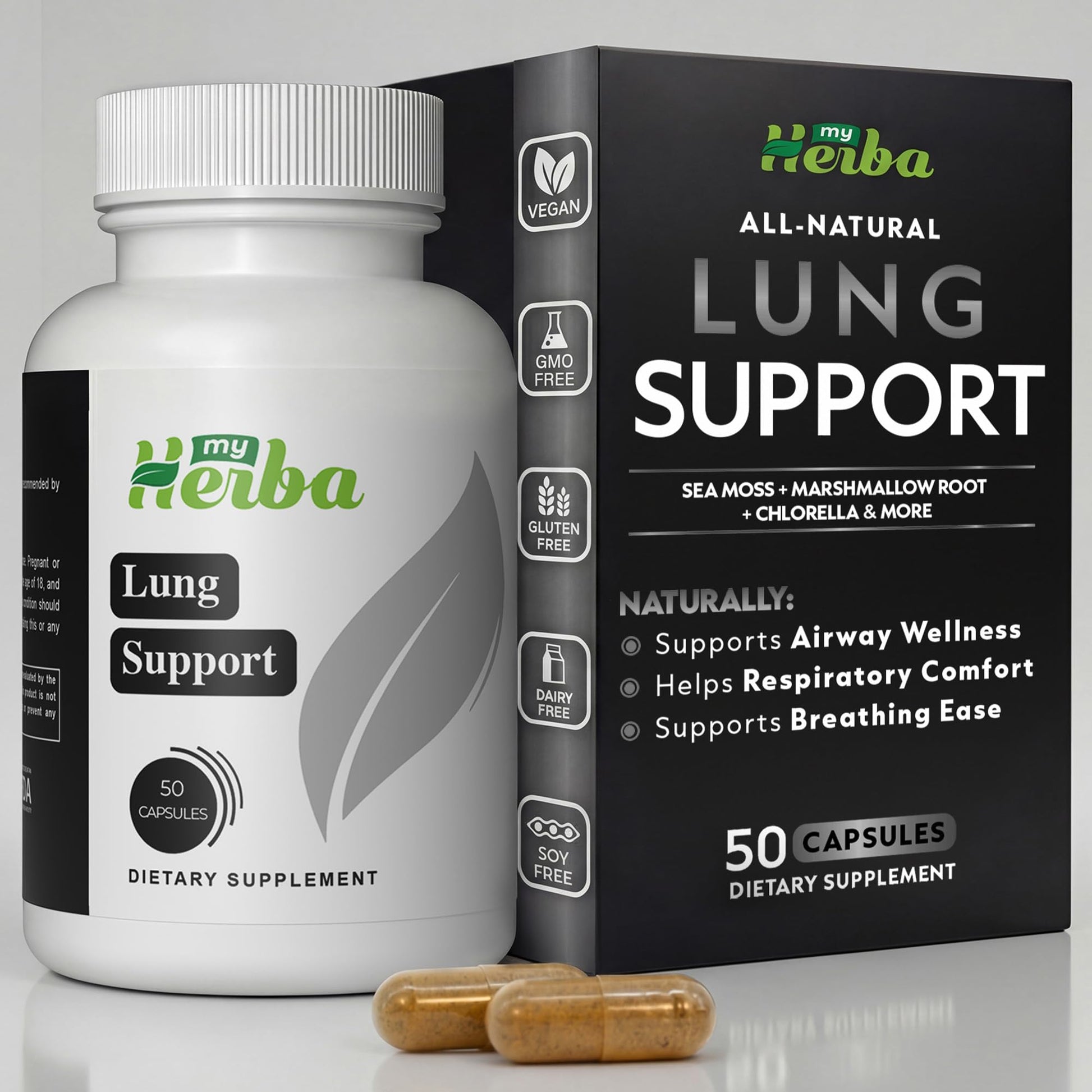 MyHerba Lung Support Supplement - Vegan Formula with Marshmallow Root, Chlorella, Ginkgo Biloba Leaf, Irish Sea Moss & PAU D’Arco - Deep Lung Cleanse, Detox and Immune Support for Adults, 50 Capsules MyHerbaAu supplements
