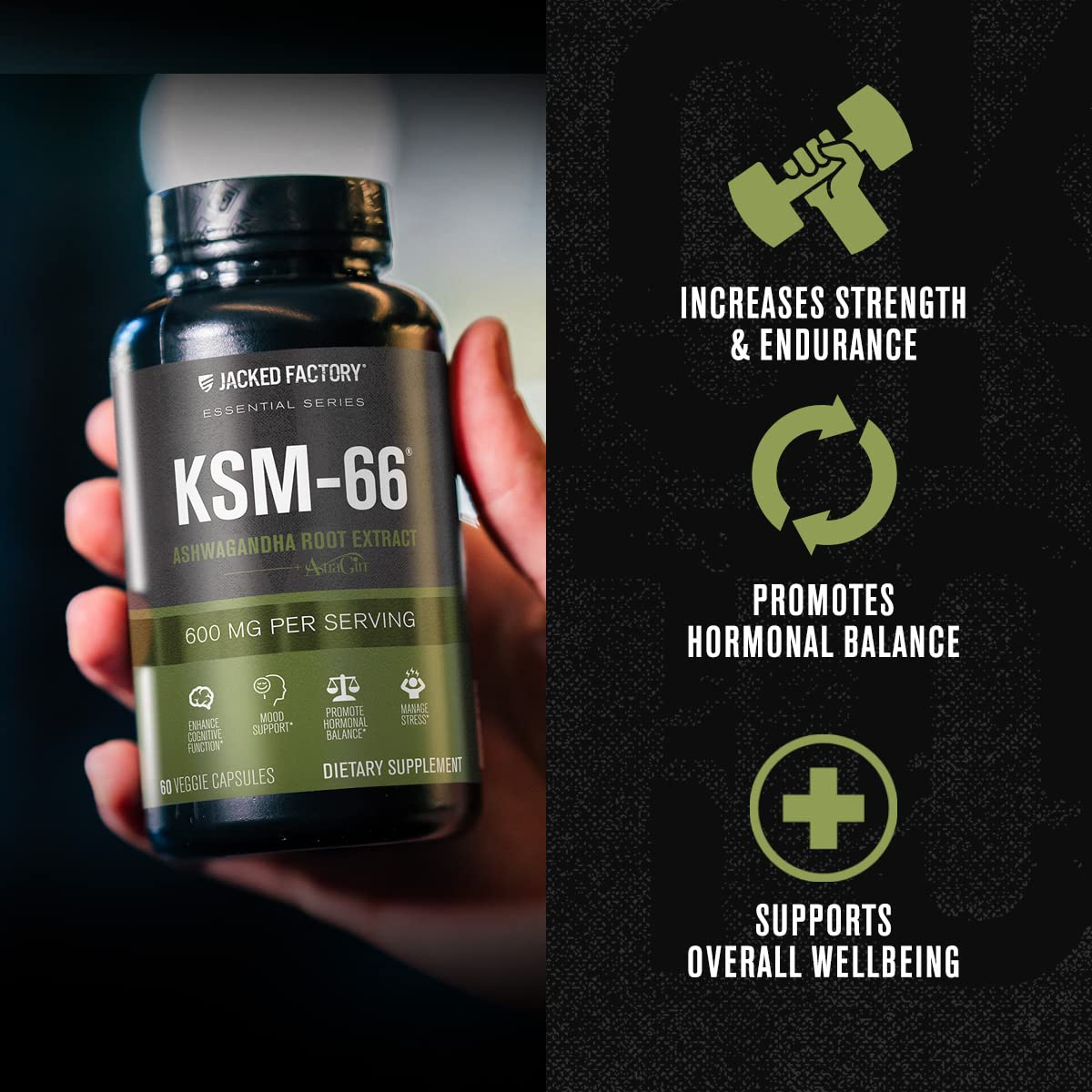 Jacked Factory Ashwagandha Root Extract (KSM-66 Ashwagandha) w/ 5% Withanolides - Supplement for Natural Stress Relief, Cognitive Function, Vitality, and Mood Support - 60 Veggie Capsules Jacked FactoryAu supplements