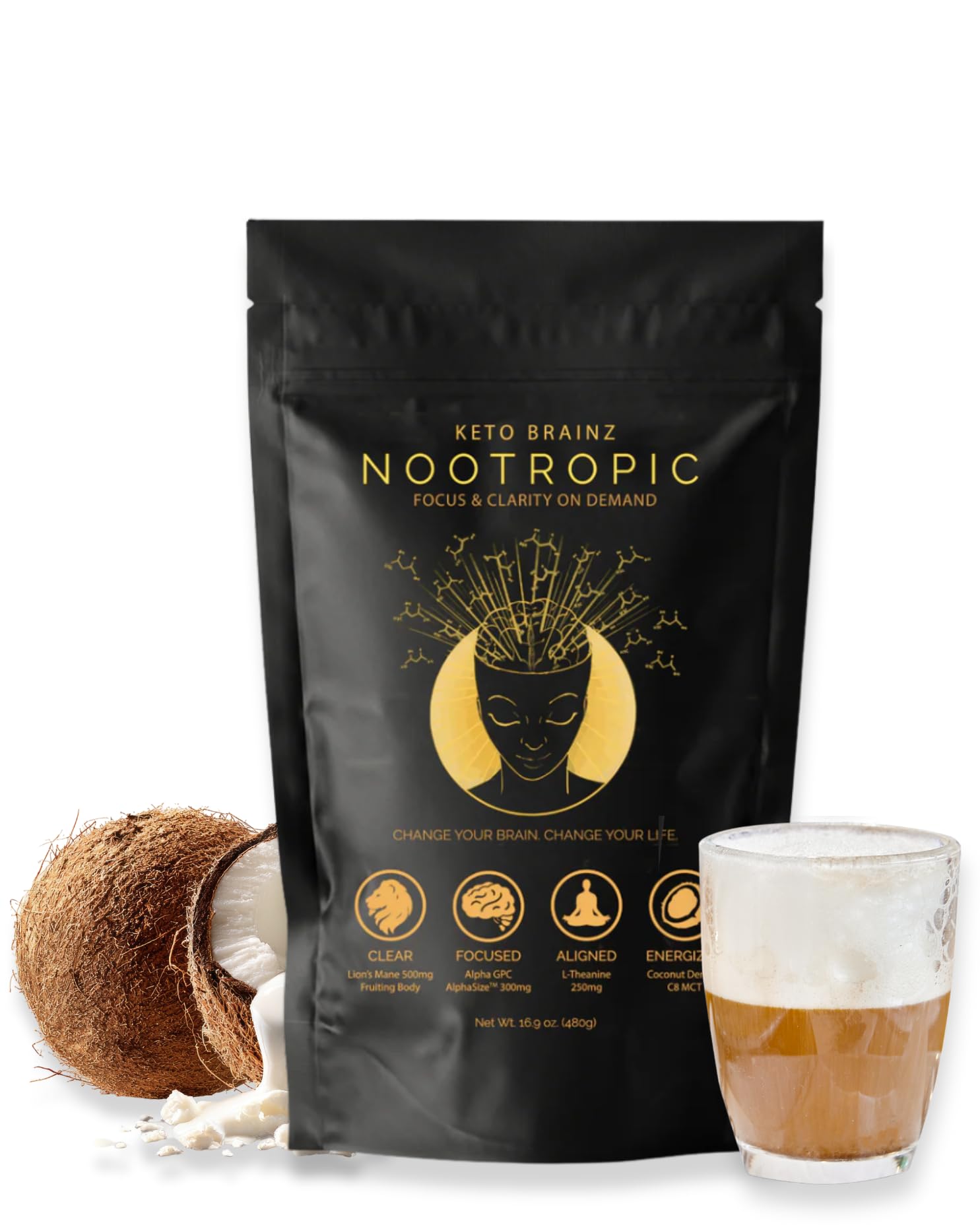 Keto Brainz C8MCT Based Nootropic - with 500mg Lion's Mane Mushroom, AlphaGPC & L-Theanine This is The Ultimate Easy to use nootropic Stack & Makes Delicious Mushroom Coffee! 16oz. 30 Servings Keto BrainzAu supplements