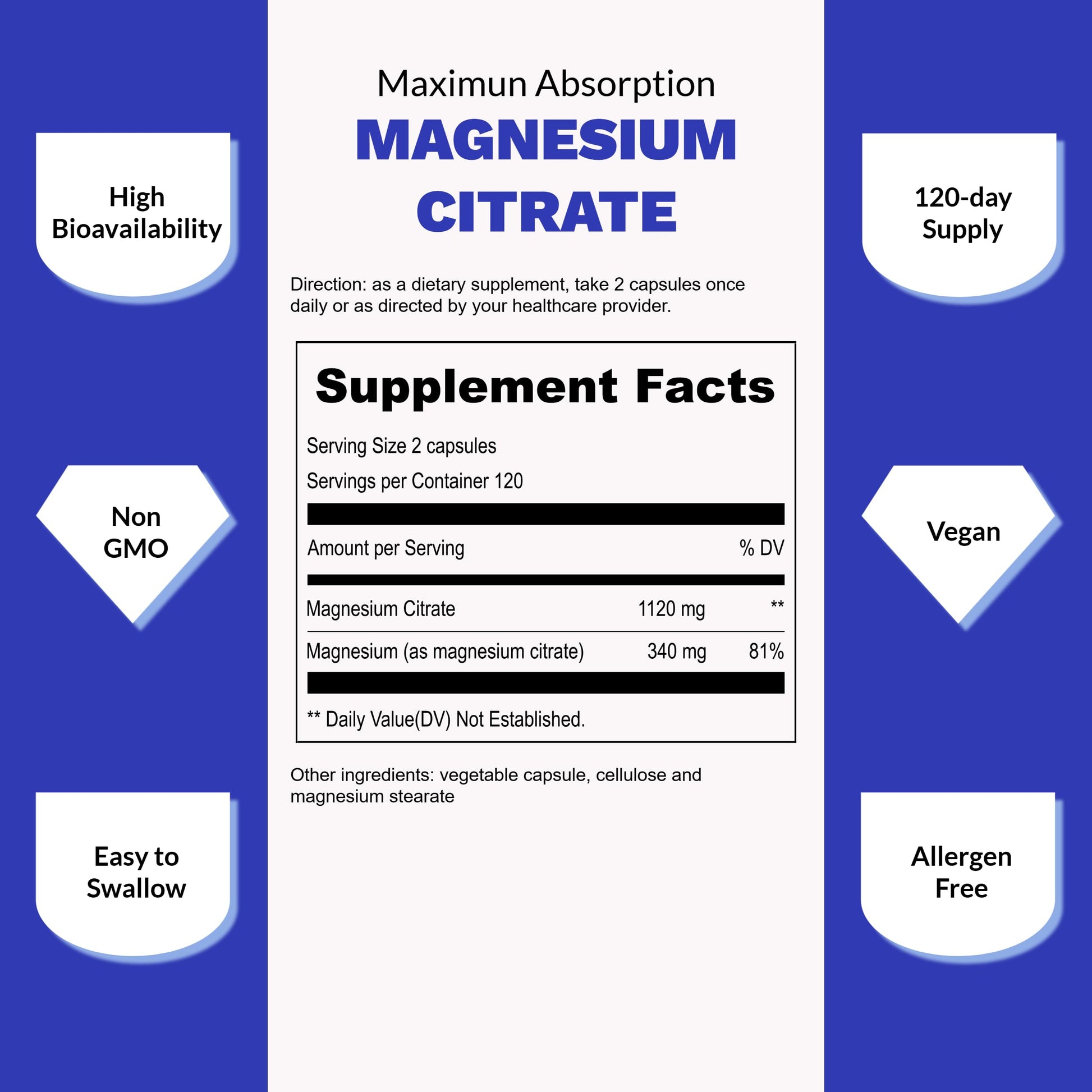 UpNourish Pure Magnesium Citrate (Citrato de Magnesio) 1120mg, 240 Capsules - High Absorption Magnesium Supplement for Women & Men - Natural Calm Magnesium for Constipation, Relax, Cramp Defense UpNourishAu supplements