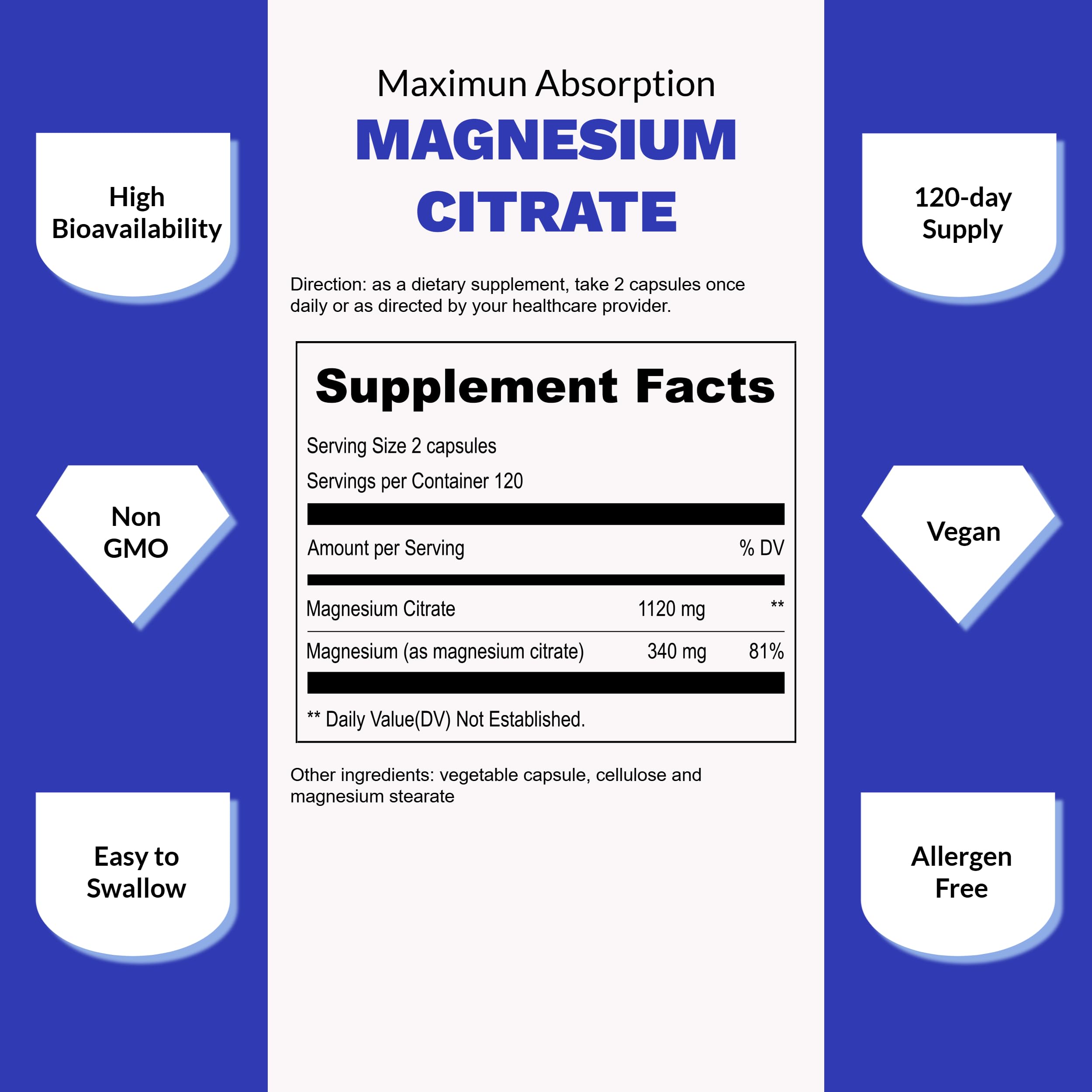 UpNourish Pure Magnesium Citrate (Citrato de Magnesio) 1120mg, 240 Capsules - High Absorption Magnesium Supplement for Women & Men - Natural Calm Magnesium for Constipation, Relax, Cramp Defense UpNourishAu supplements