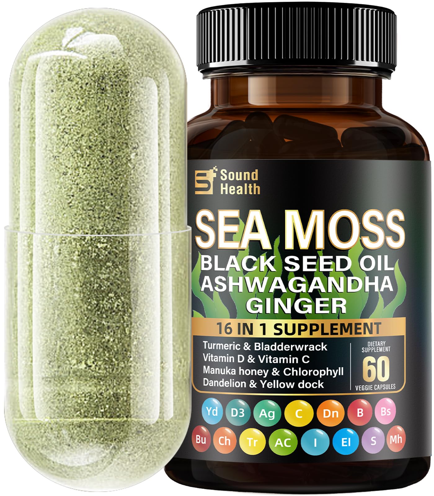 Sea Moss Capsules with Ashwagandha, Turmeric, Bladderwrack, Vitamins C & D for Natural Energy, Sleep Support & Hair Growth, 1200mg Herbal Blend, for Man & Women, Third-Party Tested，16-in-1 Supplement SoundHealthAu supplements