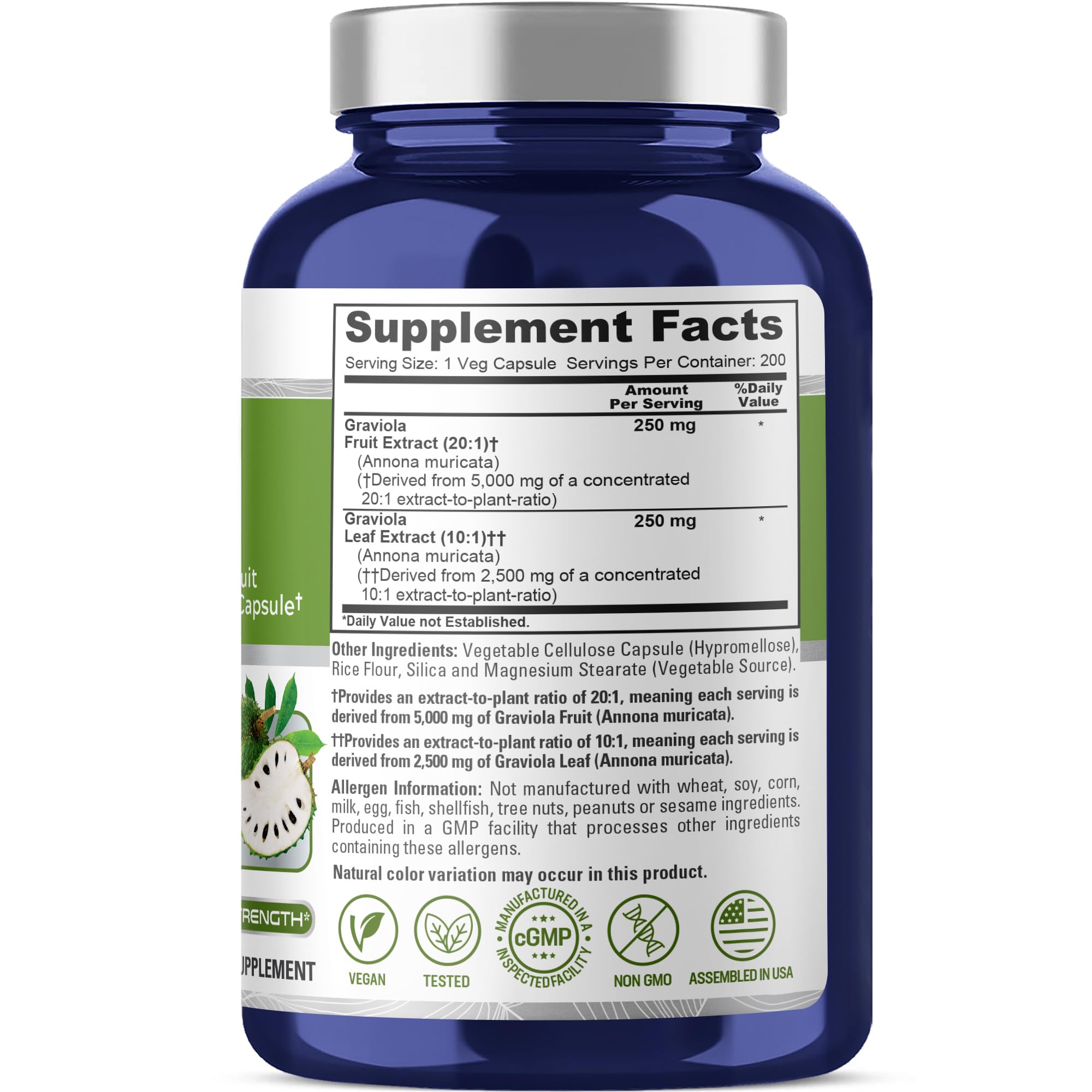 NusaPure Graviola 20:1 & 10:1 Extract - Suitable for Vegetarian/Vegan, Non- GMO - 7500 mg - 200 Capsules NusaPureAu supplements