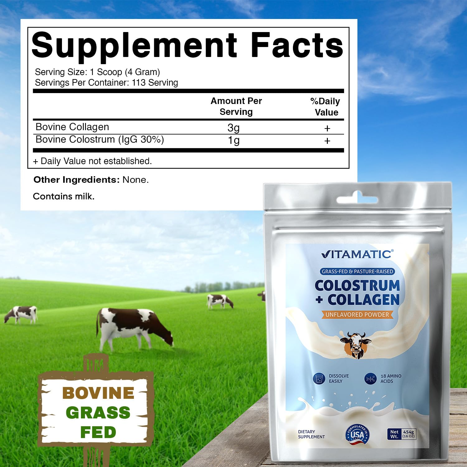 Vitamatic Bovine Colostrum + Collagen Powder - Supplement for Gut Health, Hair Growth, Beauty, Muscle Recovery, & Immune Support - Easy to Mix - Unflavored - 454 Gram, (16 oz) VitamaticAu supplements