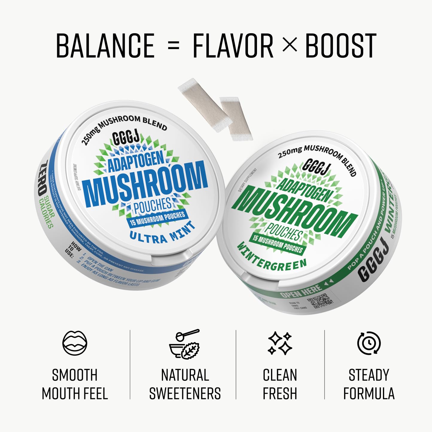 Adaptogen Mushroom Nootropic Pouches (4 Pack Bundle) - 250mg Mushroom Blend + 165mg Energy Blend, Nicotine Free & Caffeine Free, Ultra Pouch with Lion's Mane, Cordyceps, Reishi, Alpha-GPC, L-Theanine GGGJAu supplements
