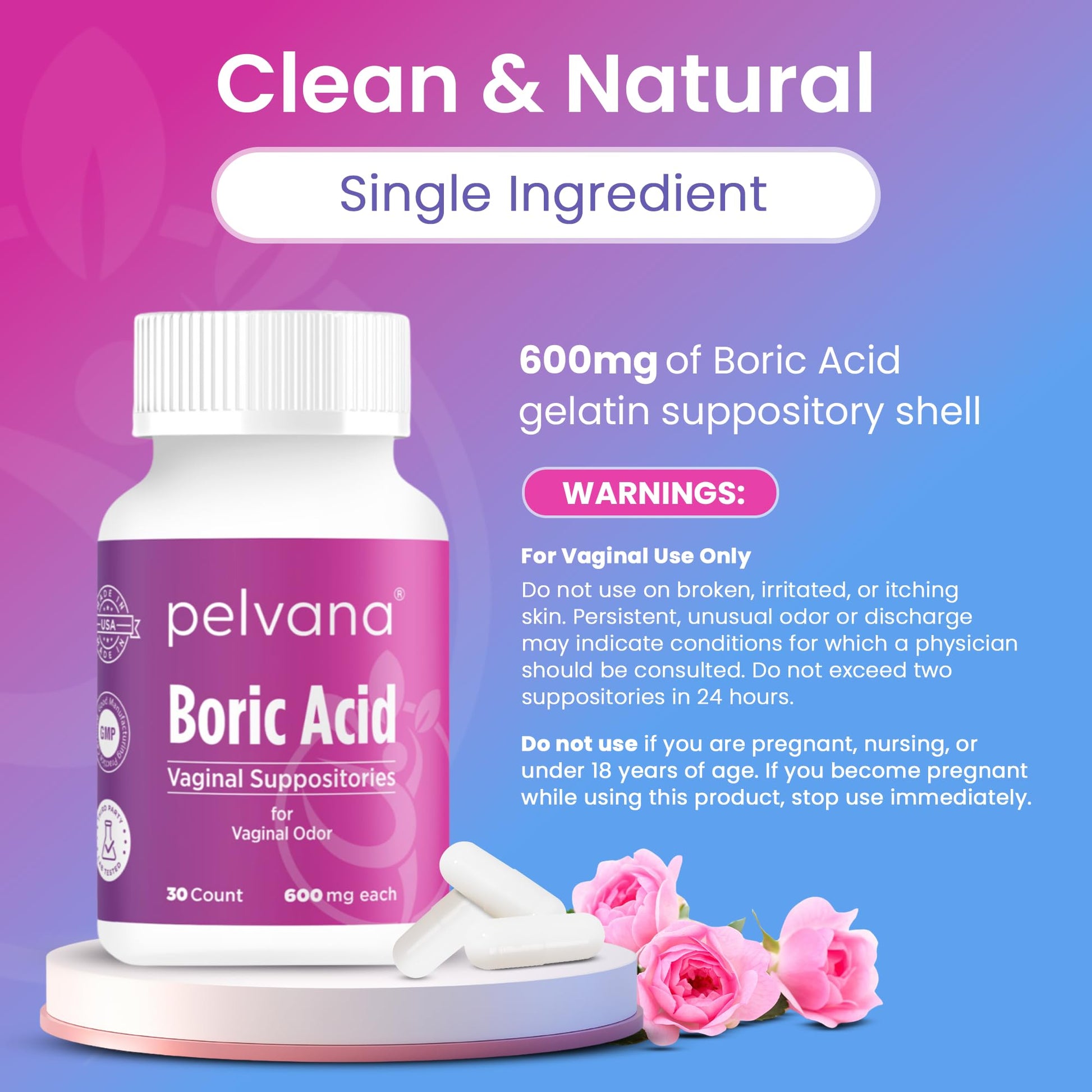 Pelvana Boric Acid Suppositories for Women - 30 Count - 600mg Boric Acid Capsules for Vaginal Odor Use PelvanaUS supplements
