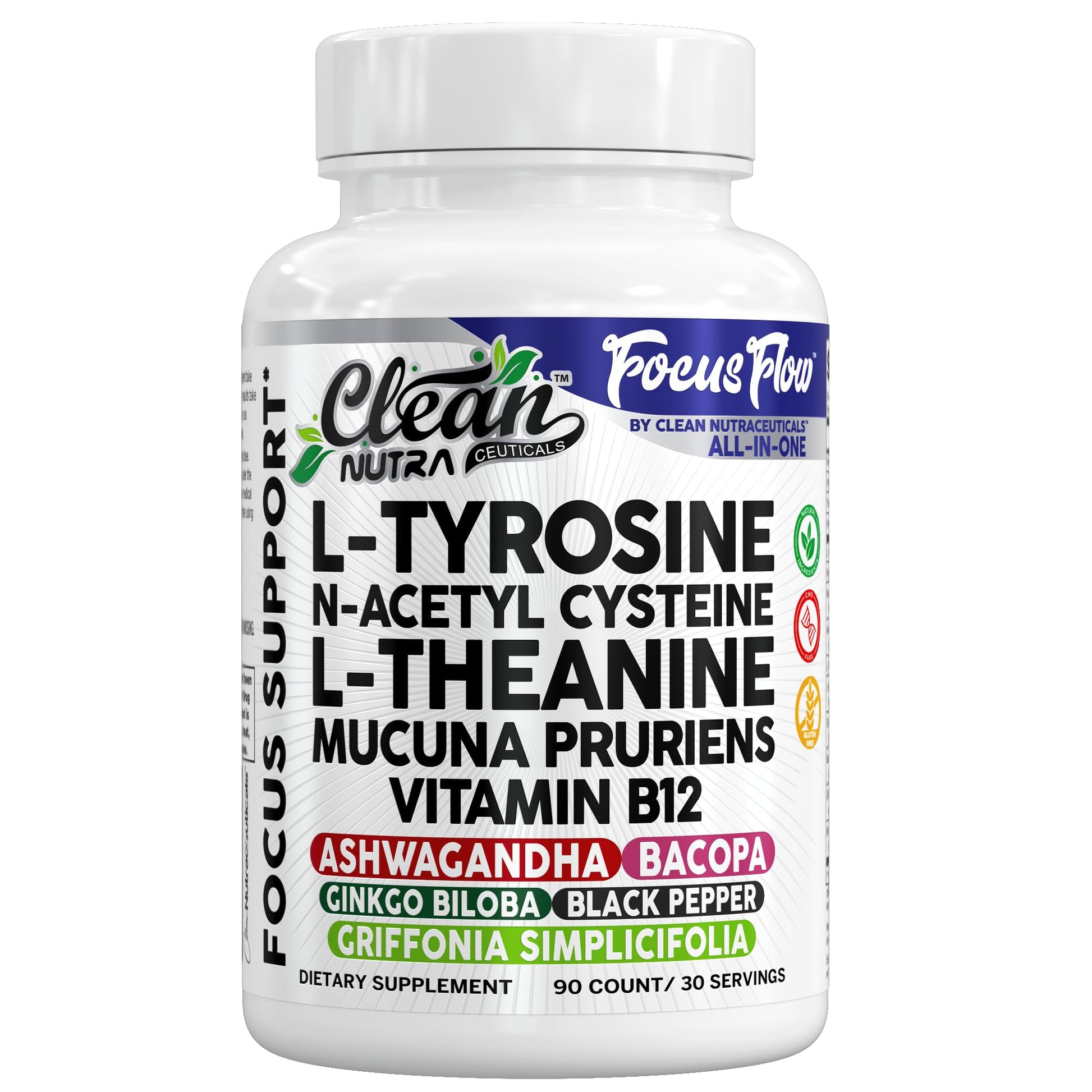 Focus Flow L-Tyrosine Vitamin B C D L-Theanine Ashwagandha Ginkgo Biloba Vitamin B12 Thiamine Black Pepper N-Acetylcysteine Mucuna Pruriens 90 Count Capsules by Clean Nutra Clean NutraceuticalsAu supplements