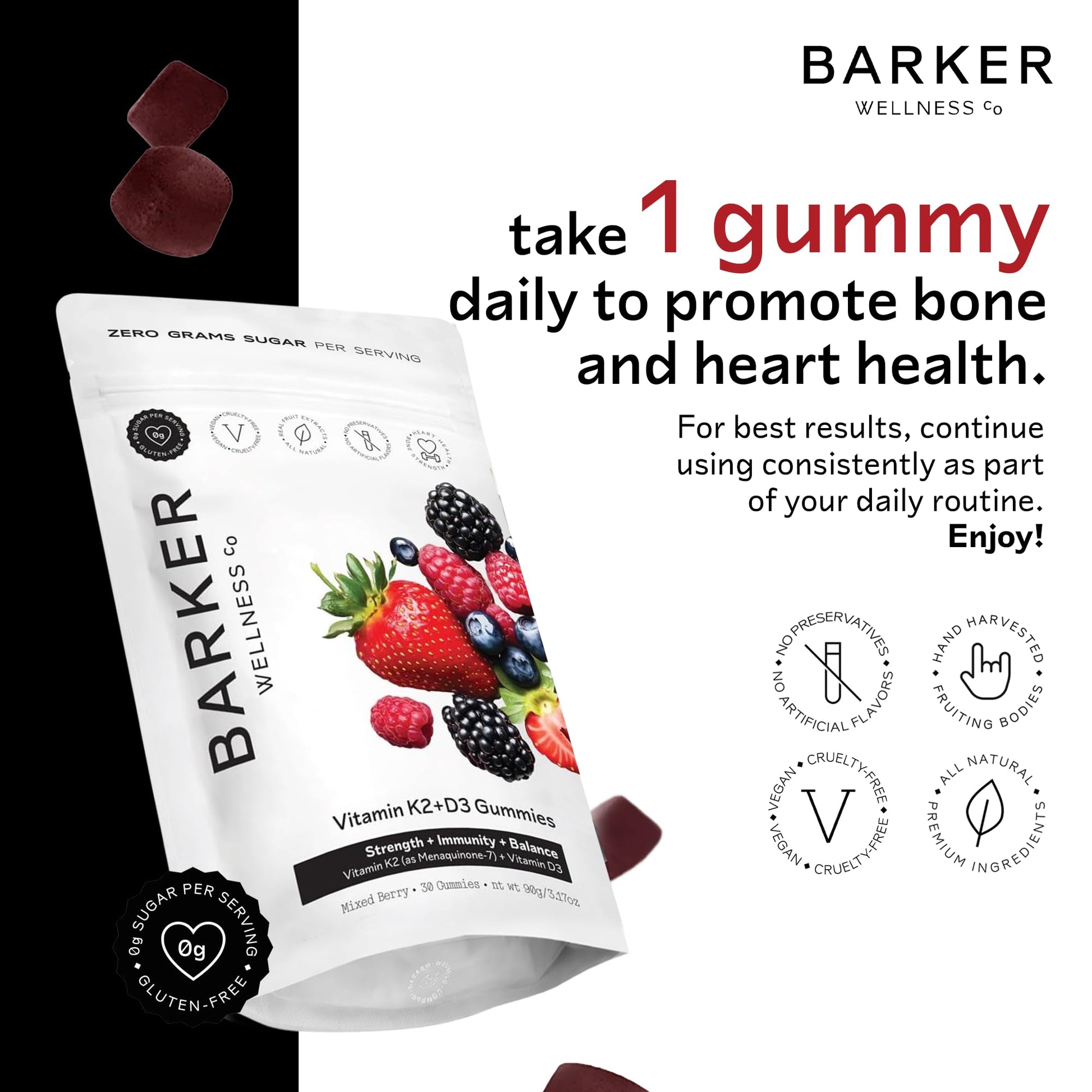 Barker Wellness D3 K2 Vitamin Gummies – Max Potency 6000IU D3 + 200mcg K2 for Strong Bones, Cardiovascular Wellness, Immune Support | Vegan, Sugar-Free, Delicious Mixed Berry | 30 Servings Barker Wellness CoAu supplements