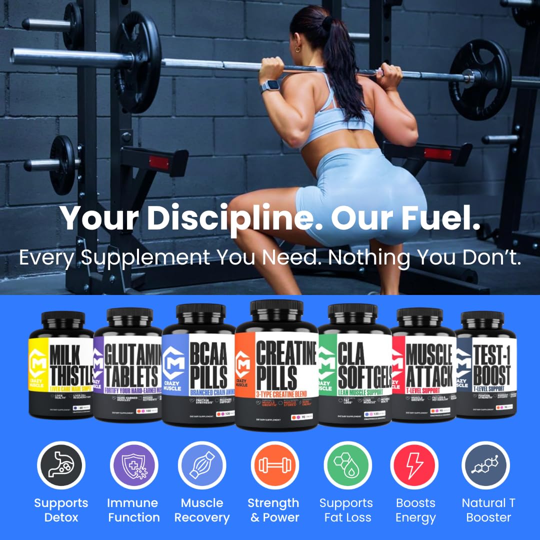 Creatine Capsules, 5g Premium 3X ThreeAtine Pre Workout Bulk Muscle Mass Gainer, High Absorption Easy to Take Creatine Monohydrate Pills Alternative Optimum Performance for Men Women, 180 Capsules Crazy MuscleAu supplements