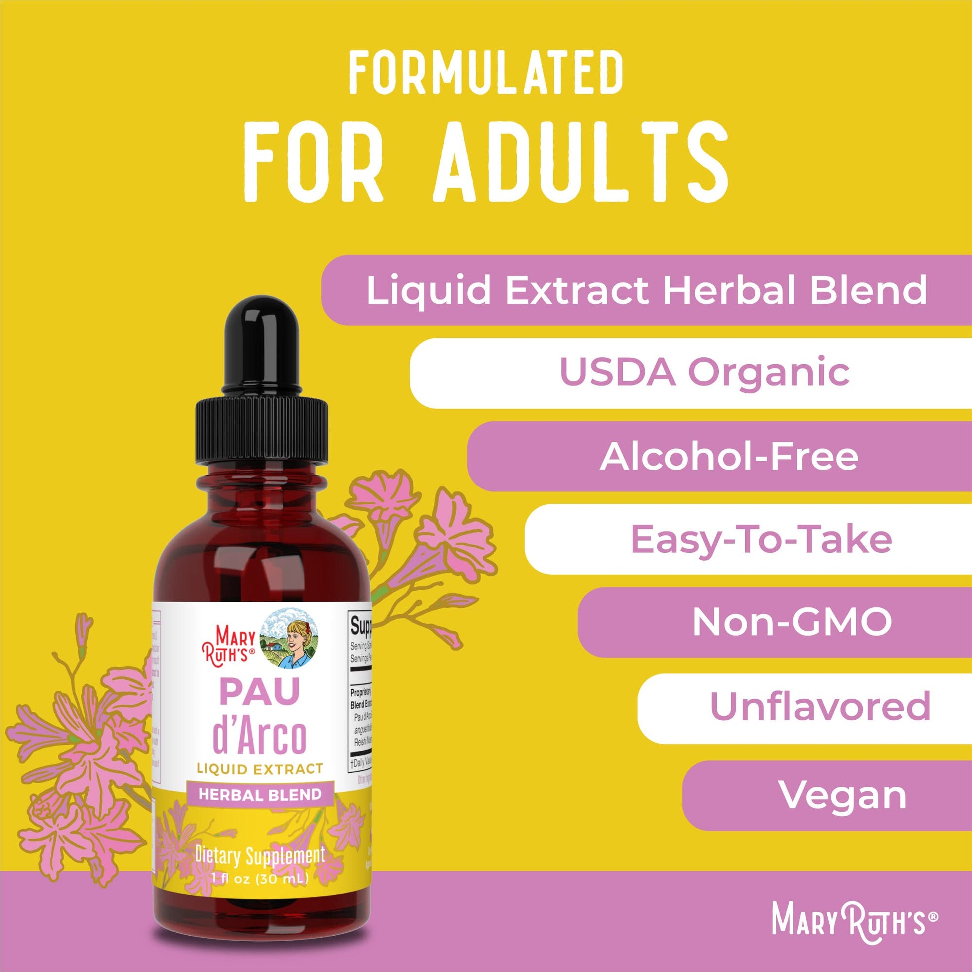 MaryRuth Organics PAU D'Arco Herbal Blend | Reishi Mushroom | Echinacea angustifolia Root | Usnea Lichen | Thyme Leaf | Vegan | Non-GMO Project Verified | Gluten Free | 30 Servings | 1 Fl Oz MARYRUTH'SUS supplements