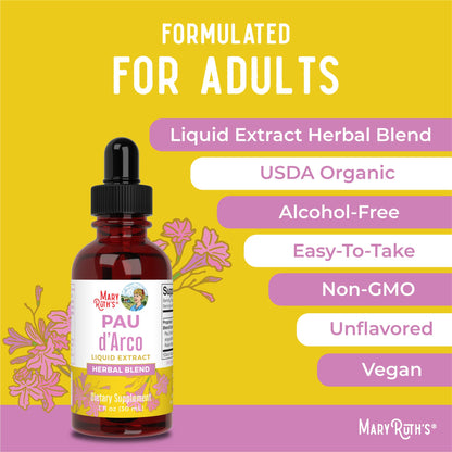MaryRuth Organics PAU D'Arco Herbal Blend | Reishi Mushroom | Echinacea angustifolia Root | Usnea Lichen | Thyme Leaf | Vegan | Non-GMO Project Verified | Gluten Free | 30 Servings | 1 Fl Oz MARYRUTH'SUS supplements