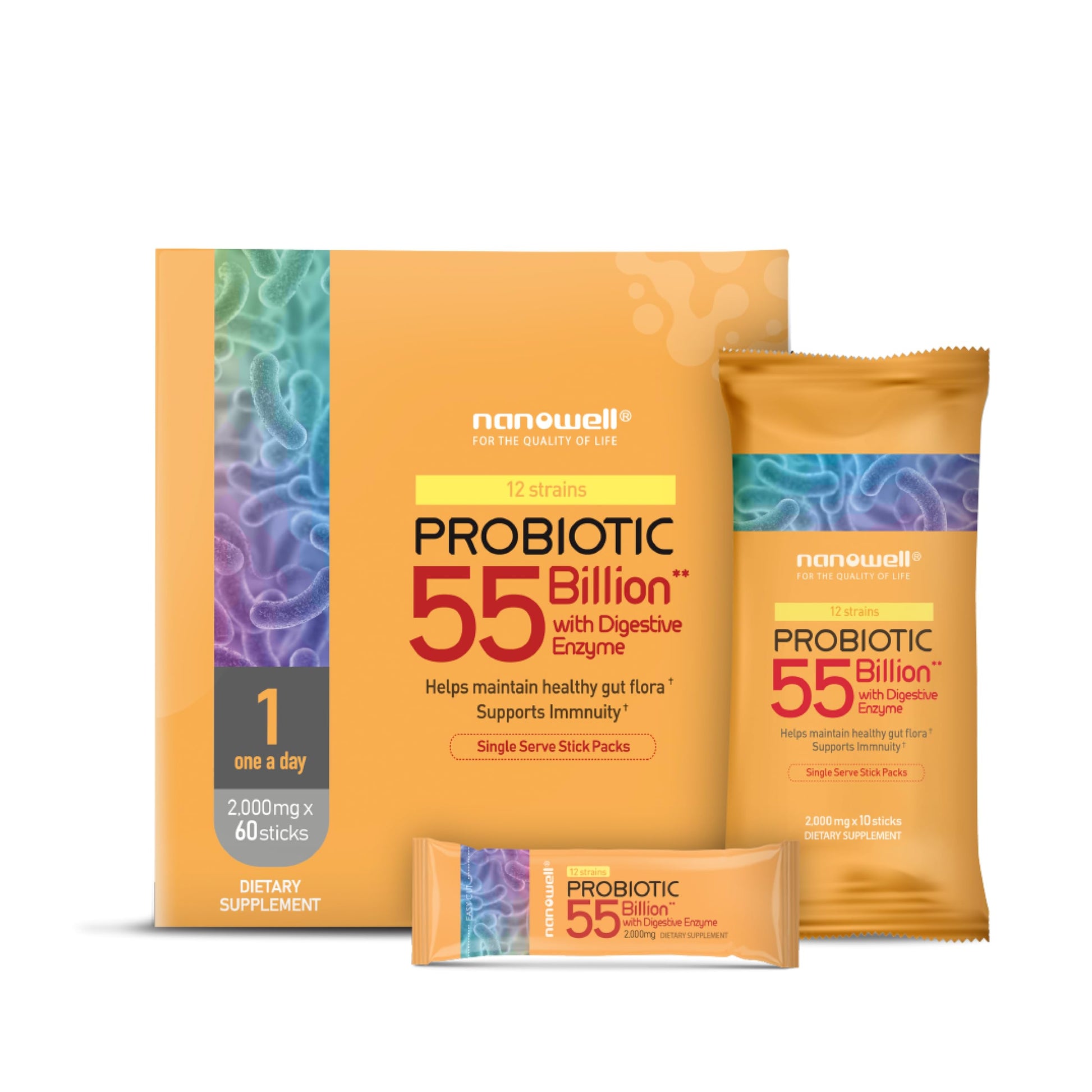 NANOWELL 12 Strains Probiotic 55 Billion CFU with Digestive Enzymes Powder - Immune Support, Gut Health, Probiotics, Prebiotics & Postbiotics - 60 Sticks, 60 Day Supply NANOWELLAu supplements