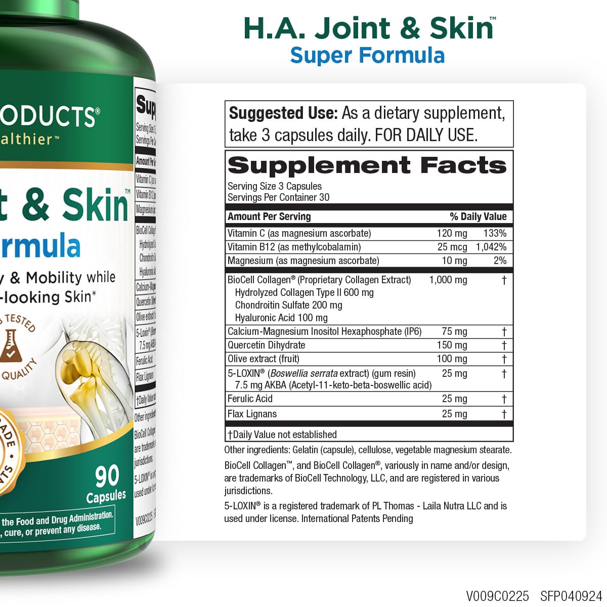 Purity Products H.A. Joint and Skin Super Formula Biocell Collagen w/Hyaluronic Acid Supports Healthy Joint Flexibility, Healthy Synovial Fluid, and Lubrication - 5-Loxin - 90 Capsules (1) Purity ProductsAu supplements